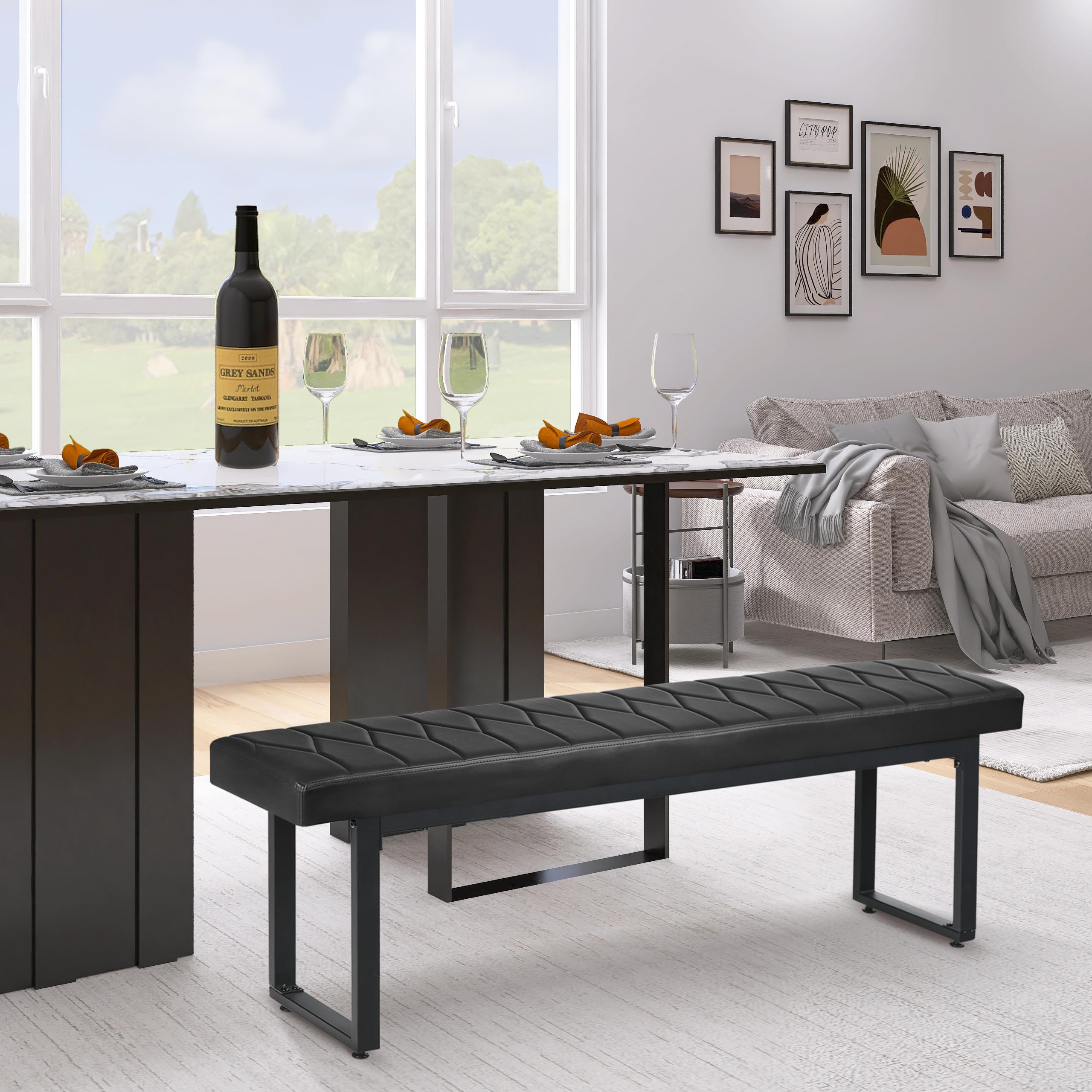 58" Faux Leather Dining Bench Set of 2, Indoor Cushioned Benches for Entryway, Bedside, Dining Room