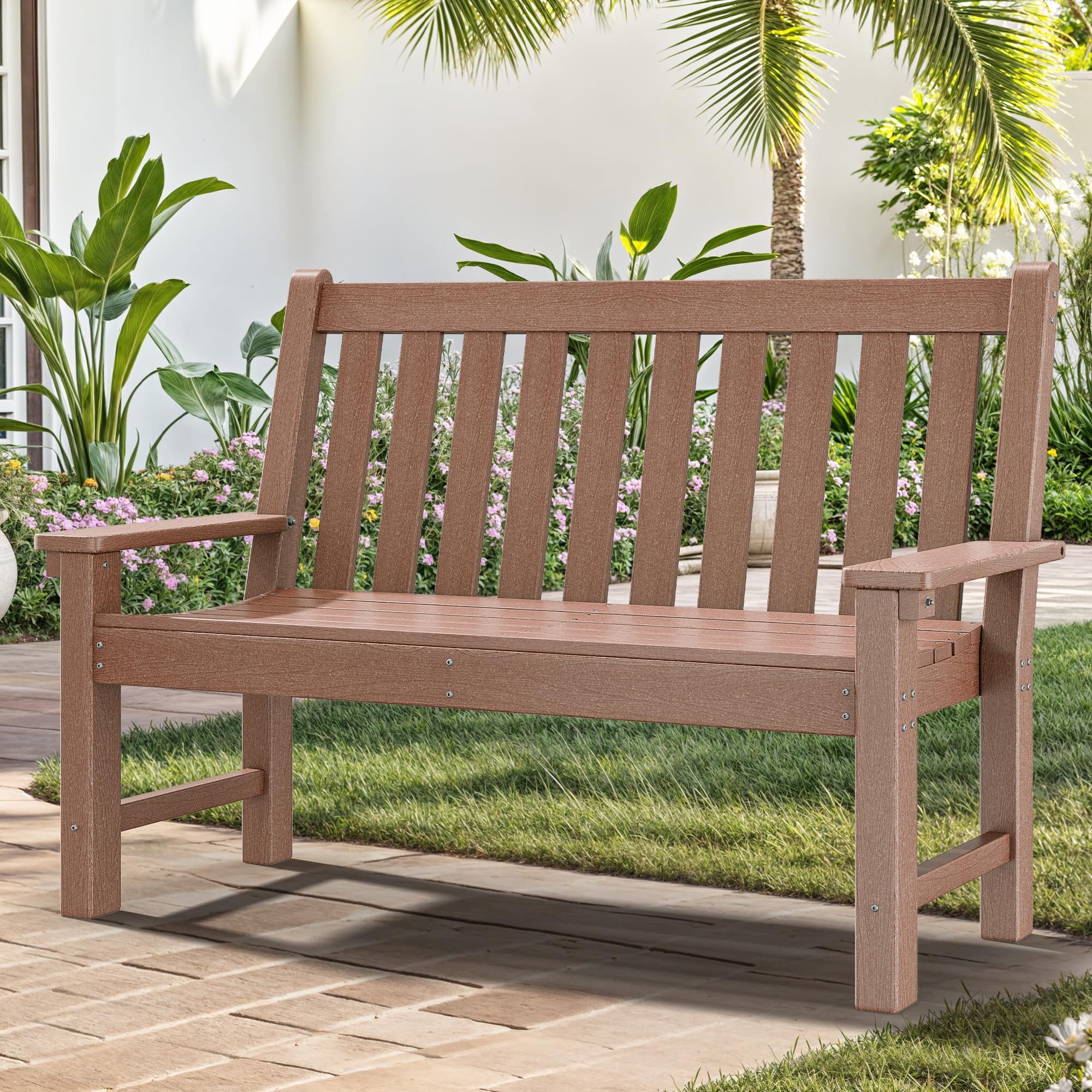 Brown HDPE Garden Bench, All-Weather Outdoor Seating, 2-3 Person Patio Bench Fade and Rot Resistant