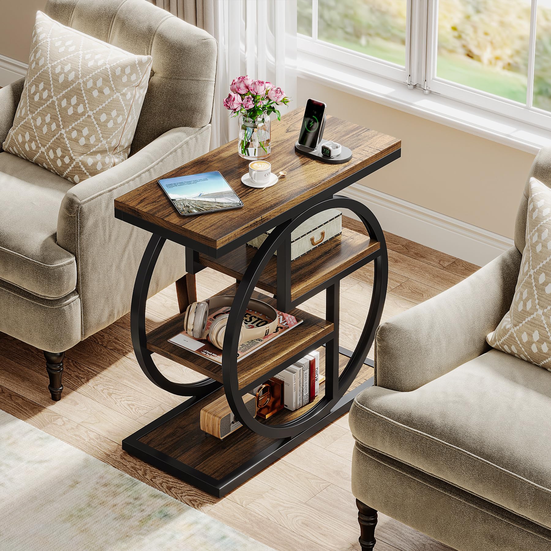 FURNIXI Rustic Brown End Table Set of 2, 4-Tier Narrow Side Tables with Storage & Geometric Metal Frame