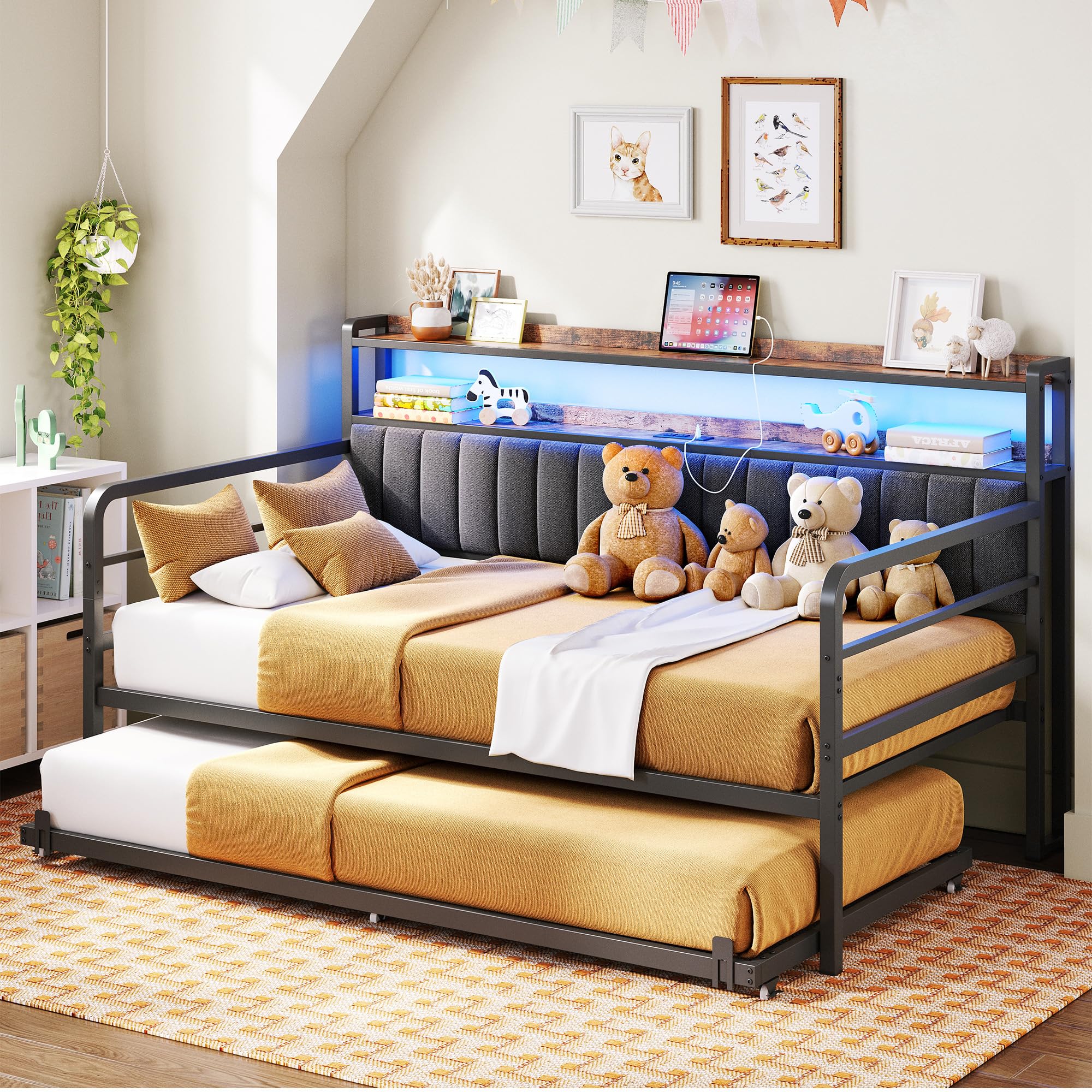 Twin Daybed with Trundle – Upholstered Frame with LED Lights, Charging Station & Storage Shelves, Black Metal
