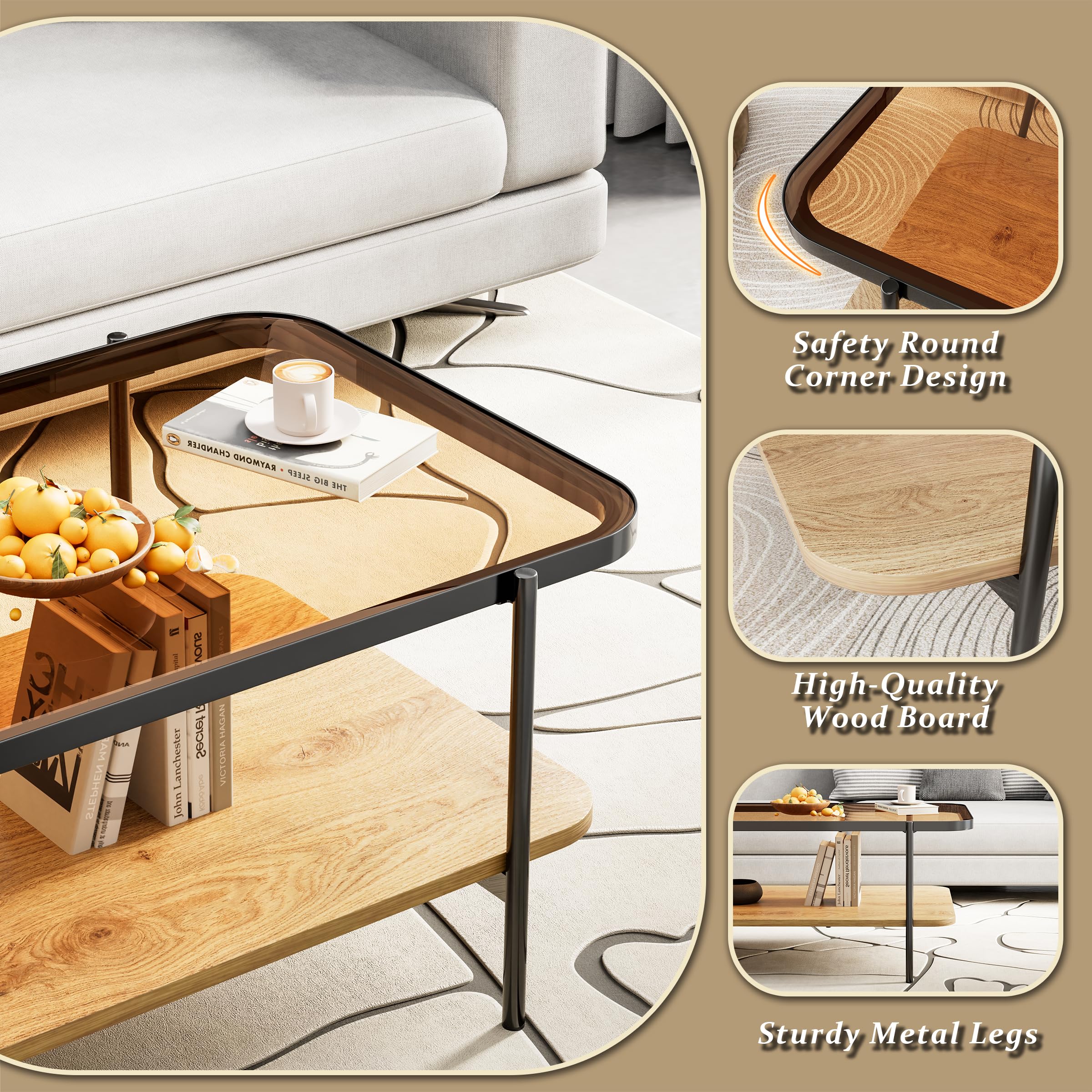 Brown Glass Coffee Table, Modern 2-Tier Table with Metal Legs, Open Storage & Rounded Corners, Rectangular Living Room Table