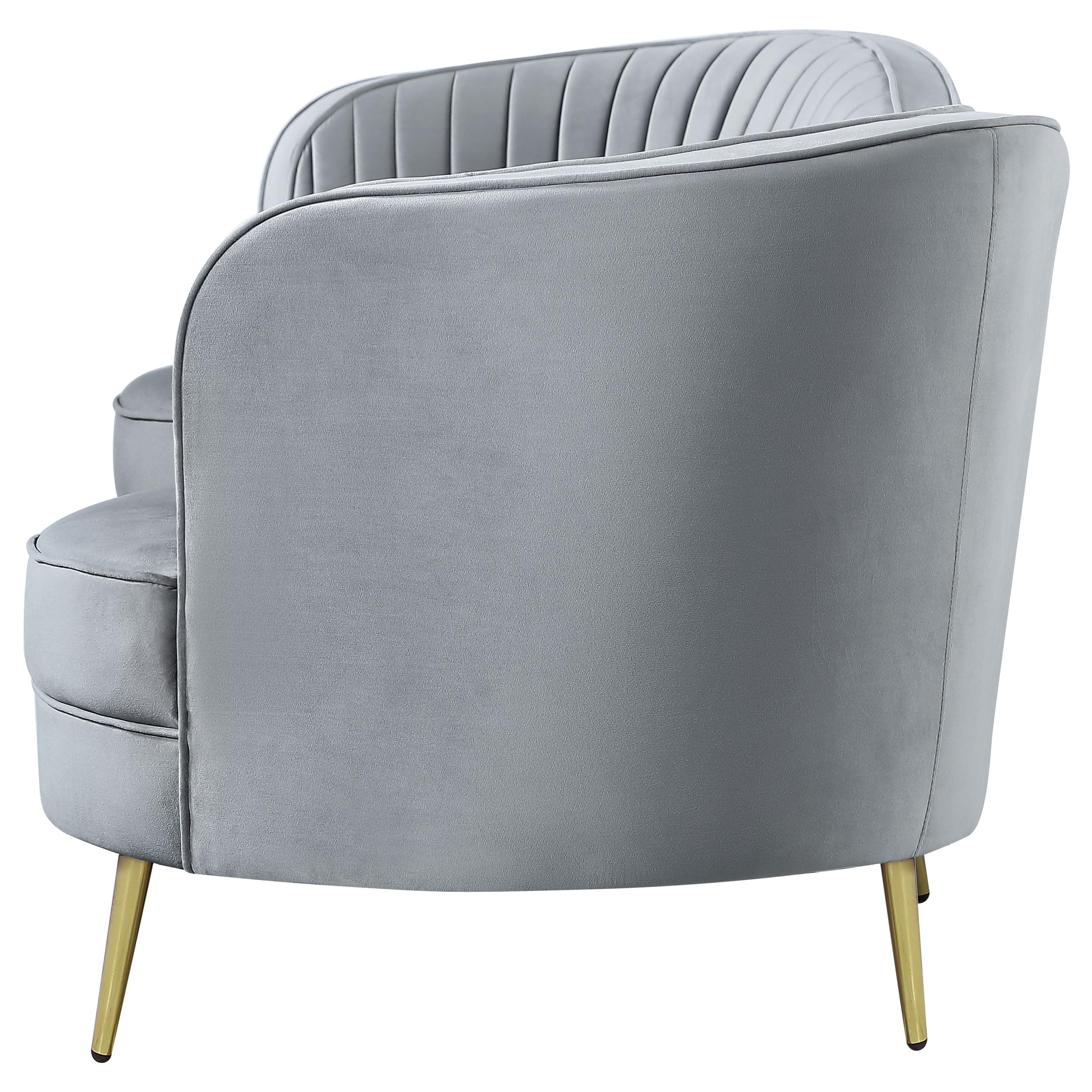 Sophia Gray Tufted Loveseat Sofa with Inverted Camel Back, Velvet Upholstery & Gold Legs for Living Room