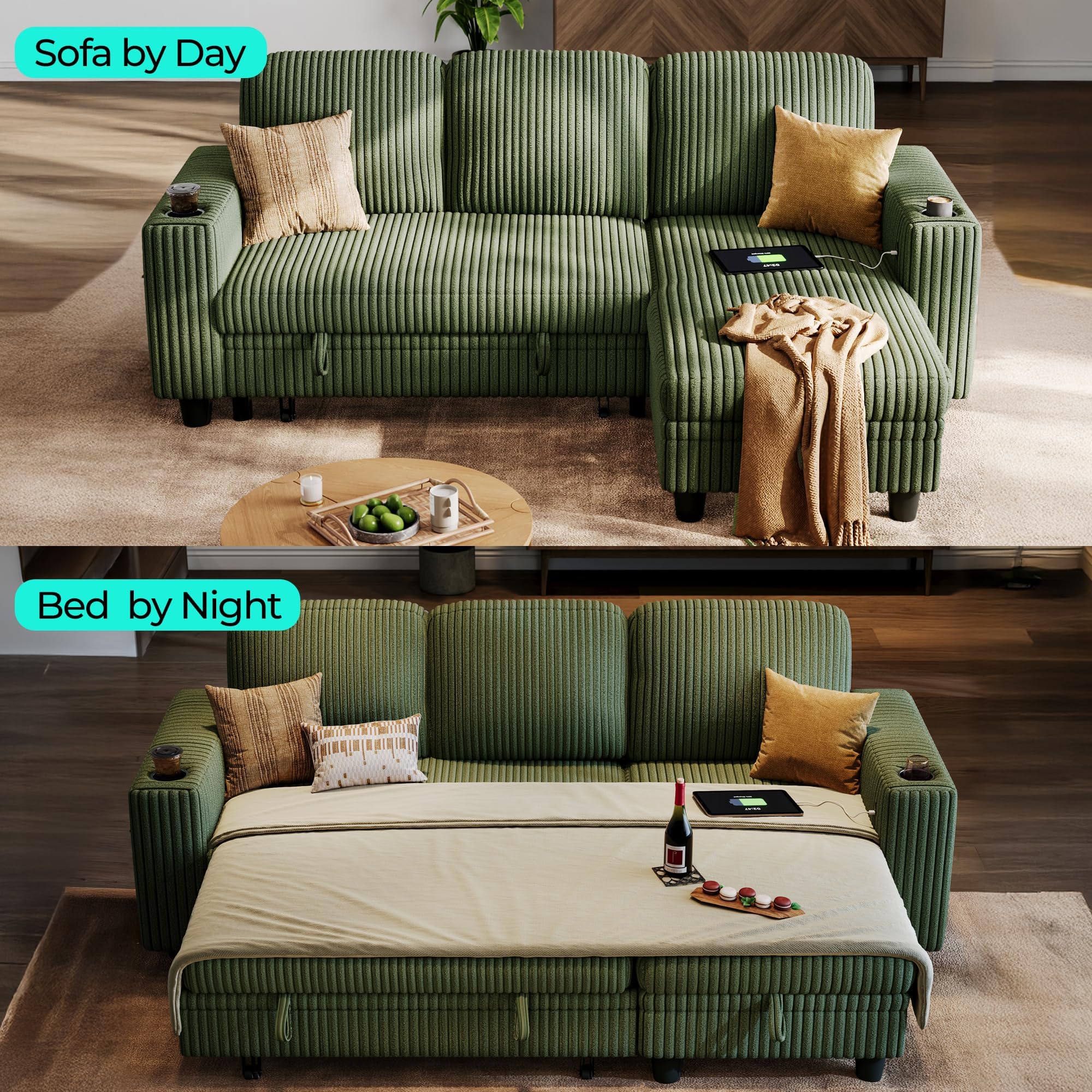 Convertible Sleeper Sofa with Storage Chaise, Corduroy Pull-Out Couch Bed with USB, L-Shaped Modular Sofa, Green