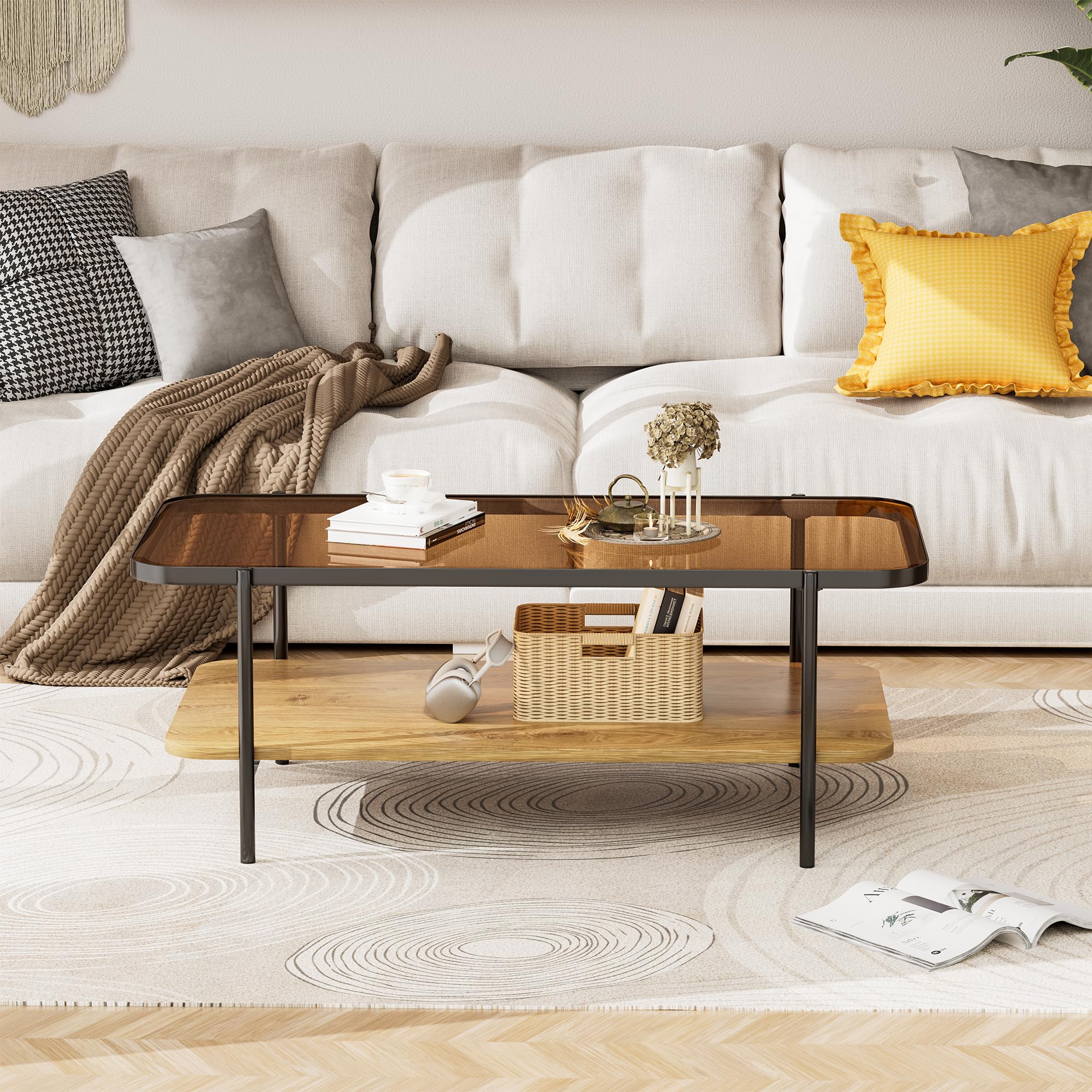 Brown Glass Coffee Table, Modern 2-Tier Table with Metal Legs, Open Storage & Rounded Corners, Rectangular Living Room Table