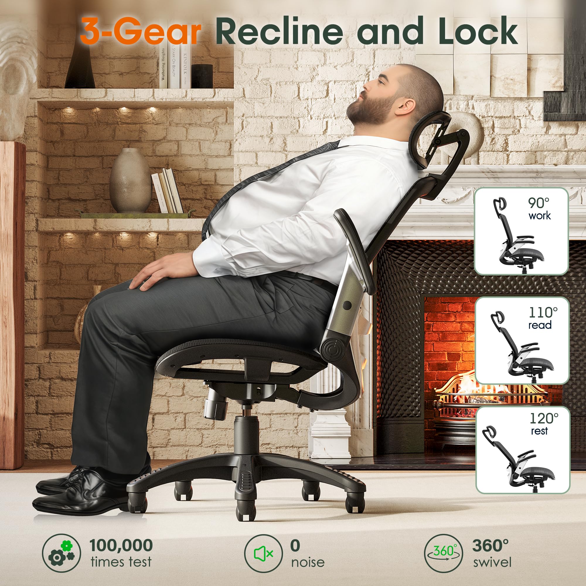High Back Ergonomic Office Chair with Headrest, Flip-Up Arms, Wide Seat, Tilt Lock, Mesh Chair, Black