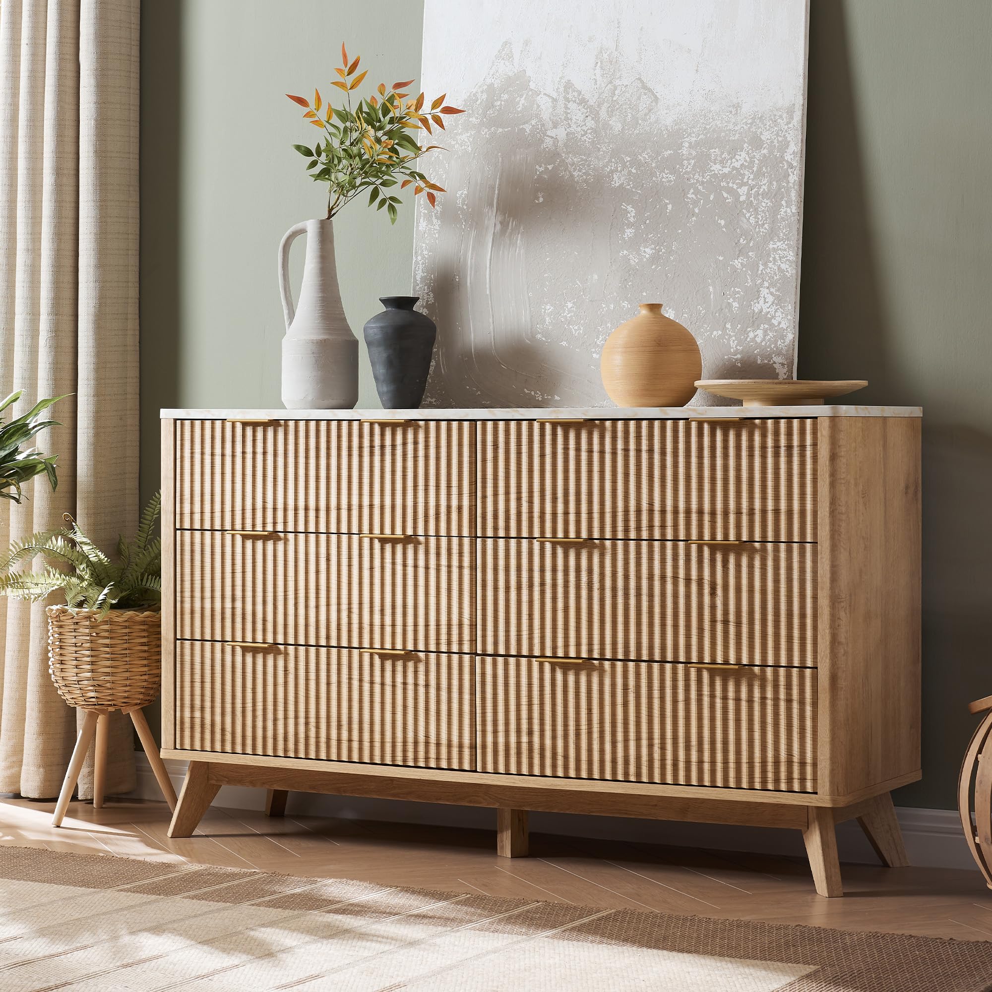 Fluted 6-Drawer Dresser – 54" Oak Chest with Faux Marble Top, Modern Organizer & TV Stand for Living Room or Hall