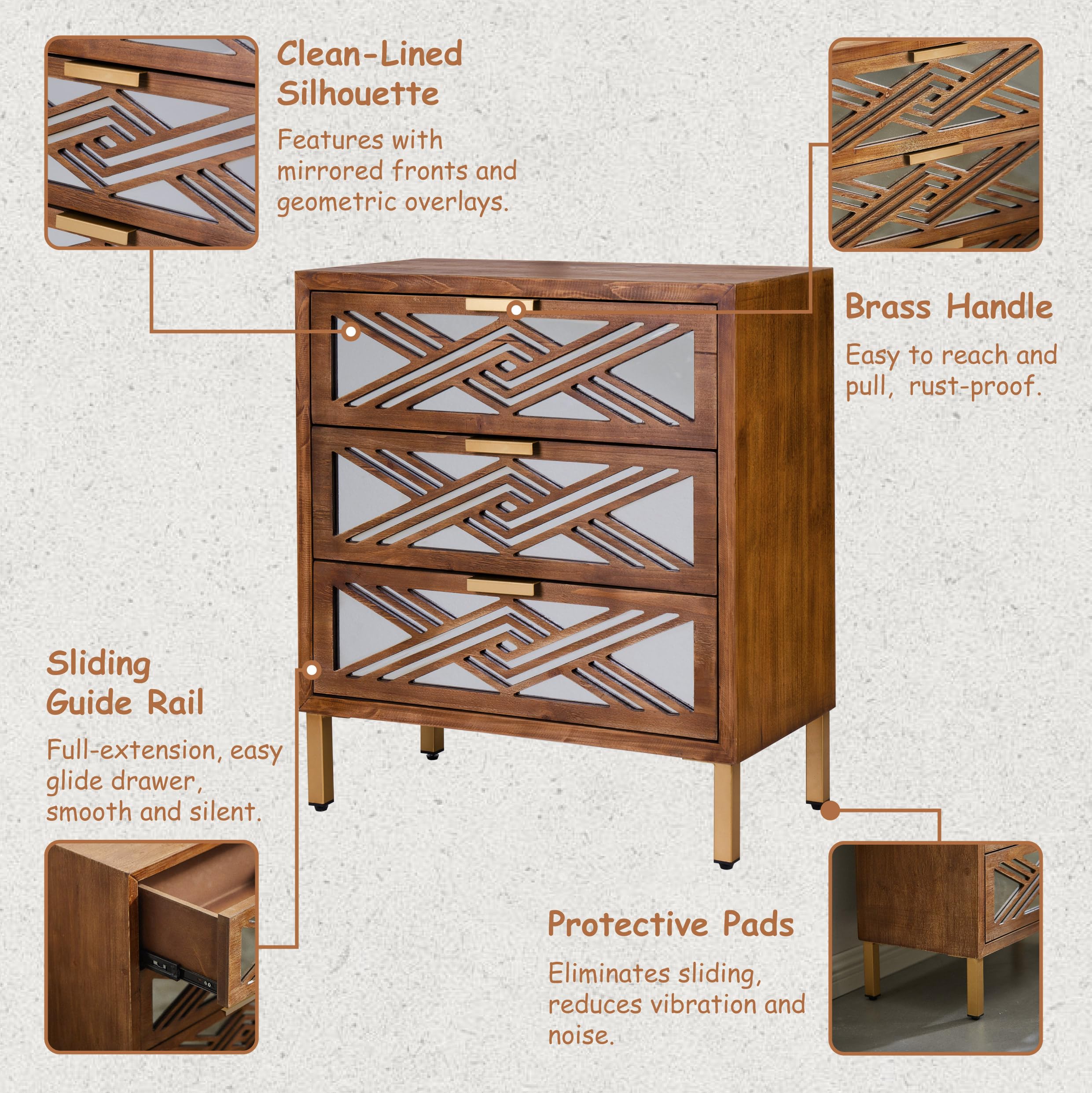 Modern Farmhouse 3-Drawer Accent Chest with Mirror Fronts, Clean-Line Dresser for Living Room, Bedroom, Entryway