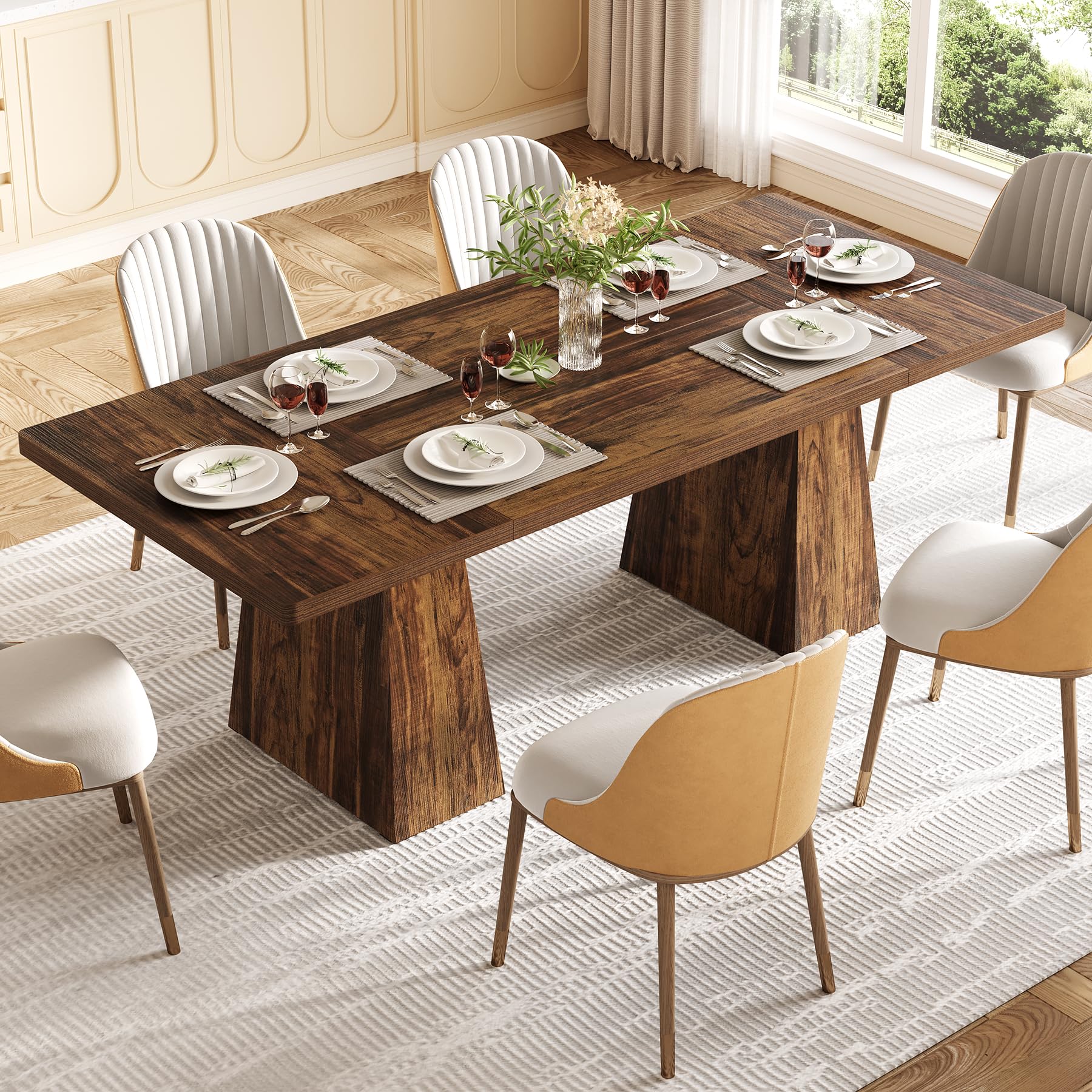 TREE 6-Person Dining Table, Rectangle Wooden Table with Heavy-Duty Legs for Kitchen or Dining Room, Brown