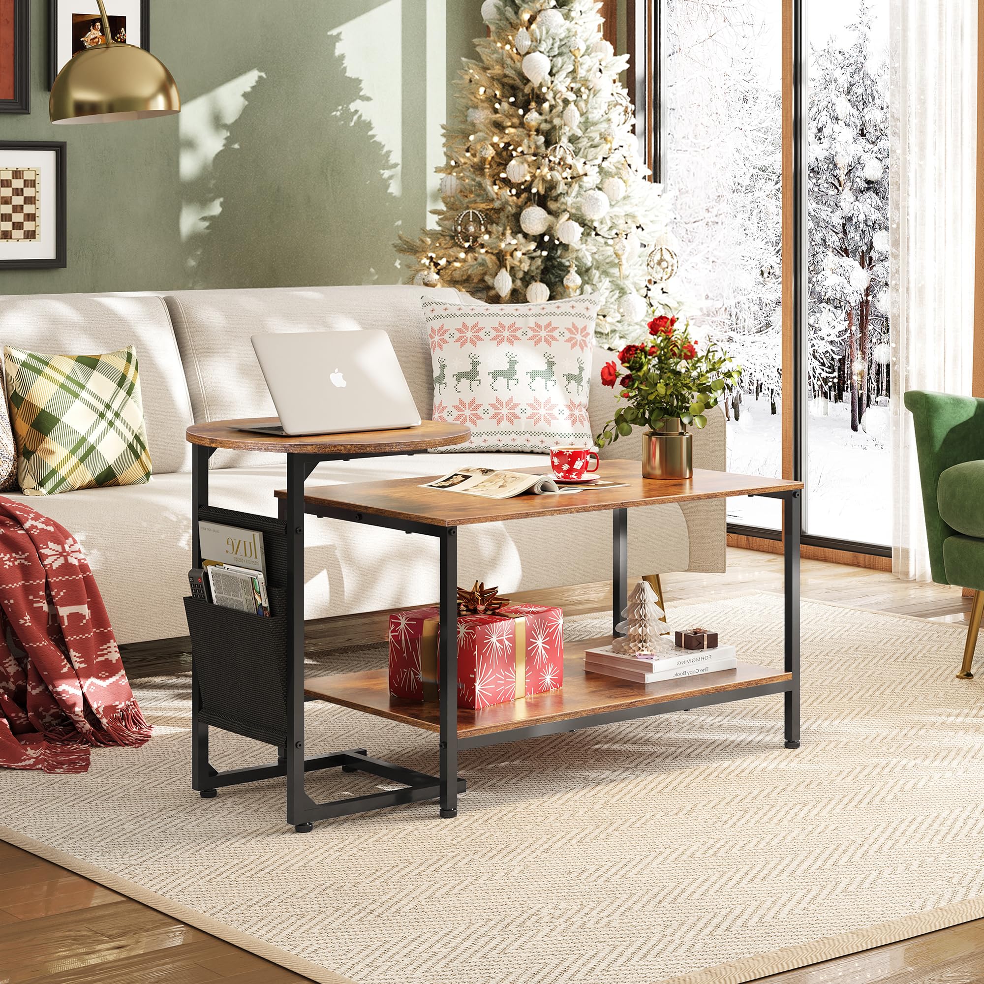 Coffee Table Set, 31.3" & 18.7" Living Room Tables with Storage Side Pouch, Rustic Brown Center & Side Table Combo