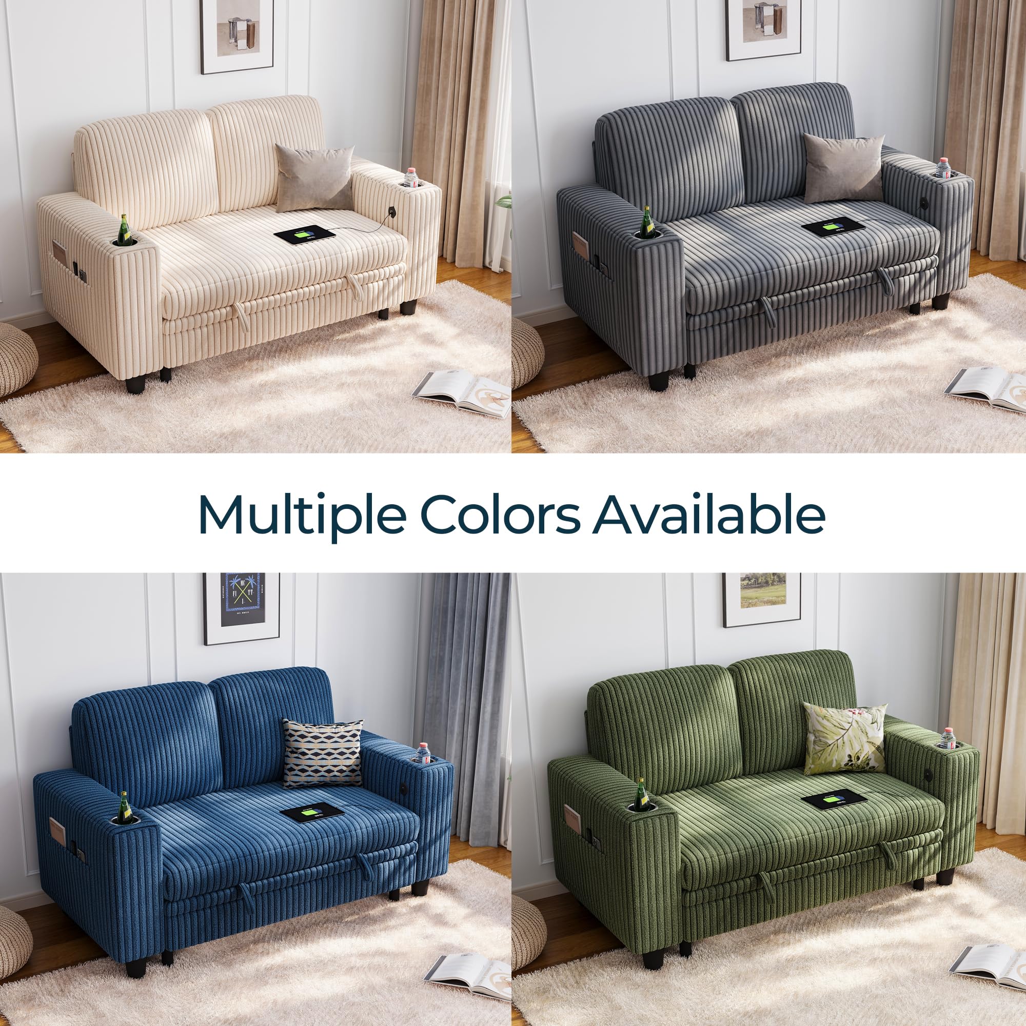 Pull Out Loveseat Sofa – Green Convertible Couch Chaise with USB Ports & Cup Holders, Plush Corduroy Sofa for Small Spaces