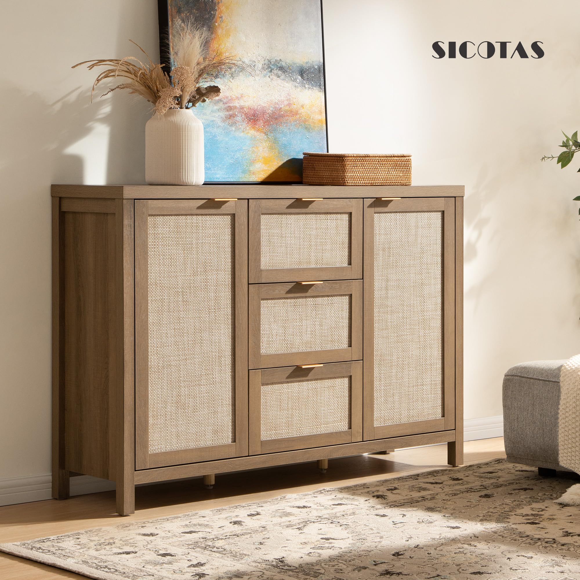 52" Rattan Sideboard Buffet Cabinet with 3 Drawers & 2 Doors, Boho Storage Console for Kitchen, Oak
