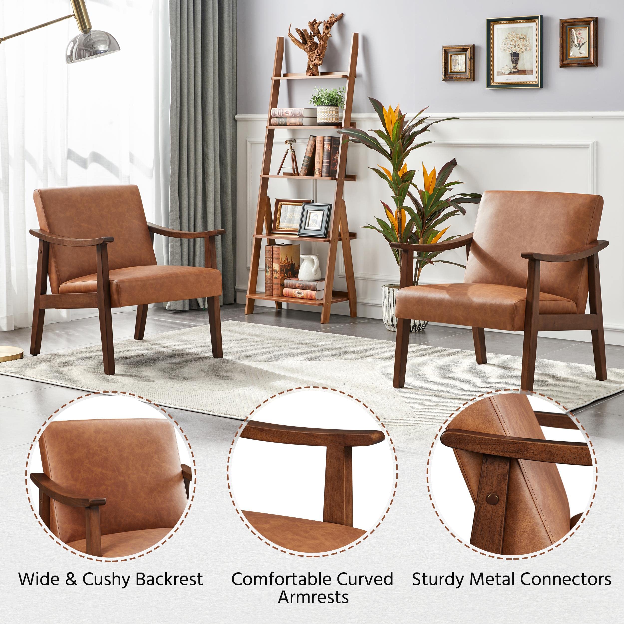 Mid-Century PU Leather Accent Chair, High Back Wood Armchairs for Bedroom, Living Room, Waiting Room, Set of 2