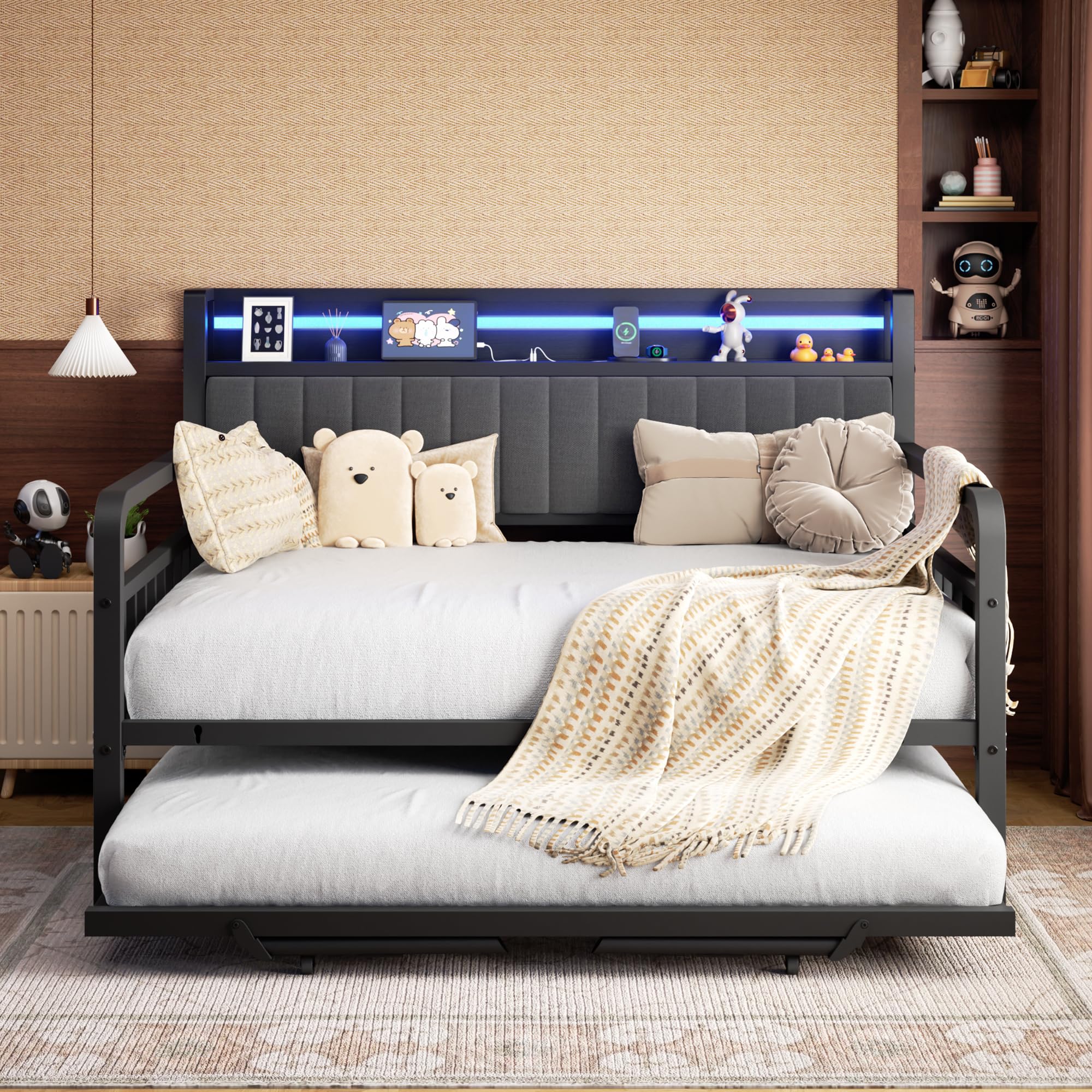 Pop-Up Trundle Daybed – Black Metal Full Frame with Storage Headboard, LED Lights & Charging Station for Guest Room