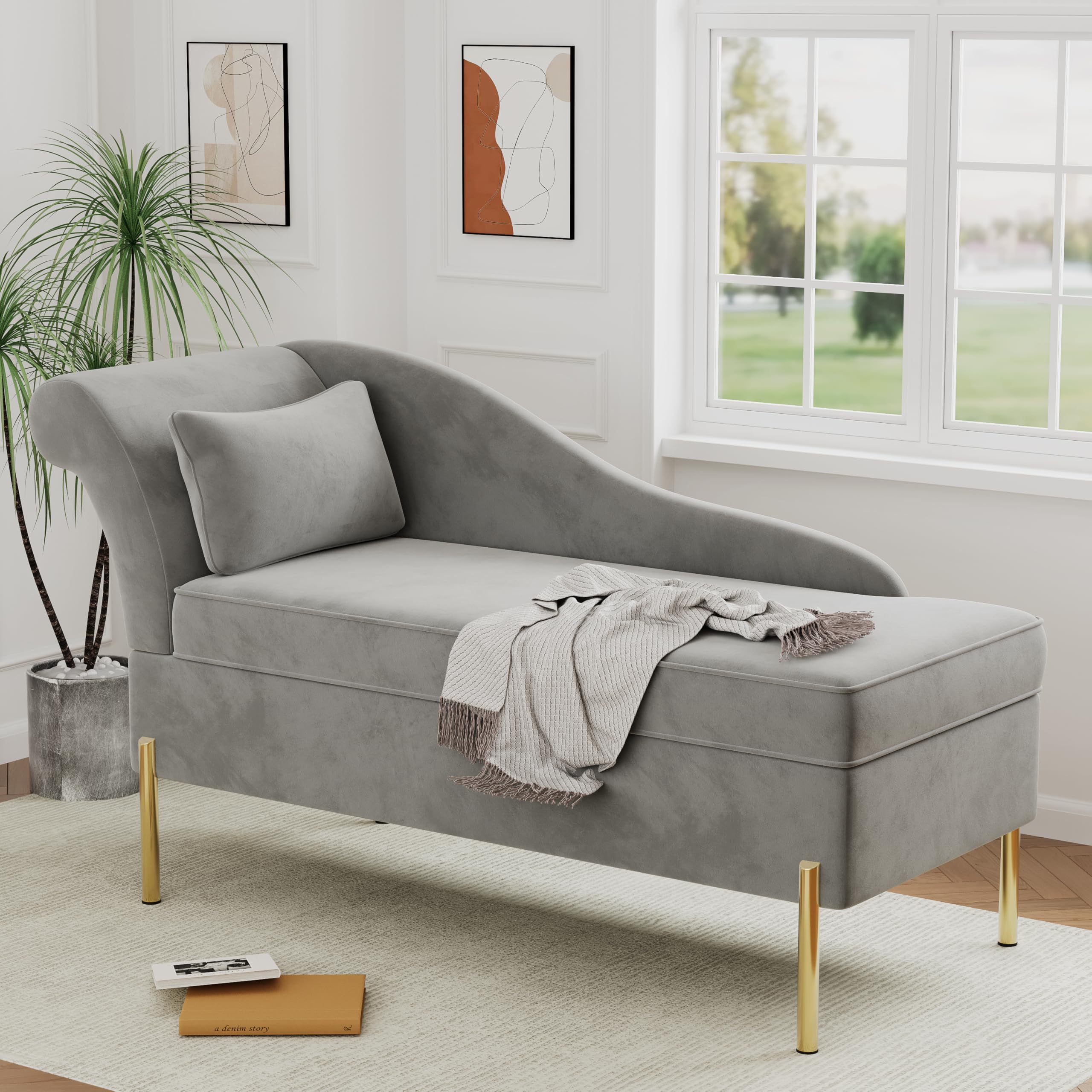 Velvet Chaise Lounge with Storage, Modern Upholstered Tufted Chaise Lounge Chair Indoor Sofa Recliner Couch for Bedroom Office Living Room - Velvet Light Grey (Left Armrest)