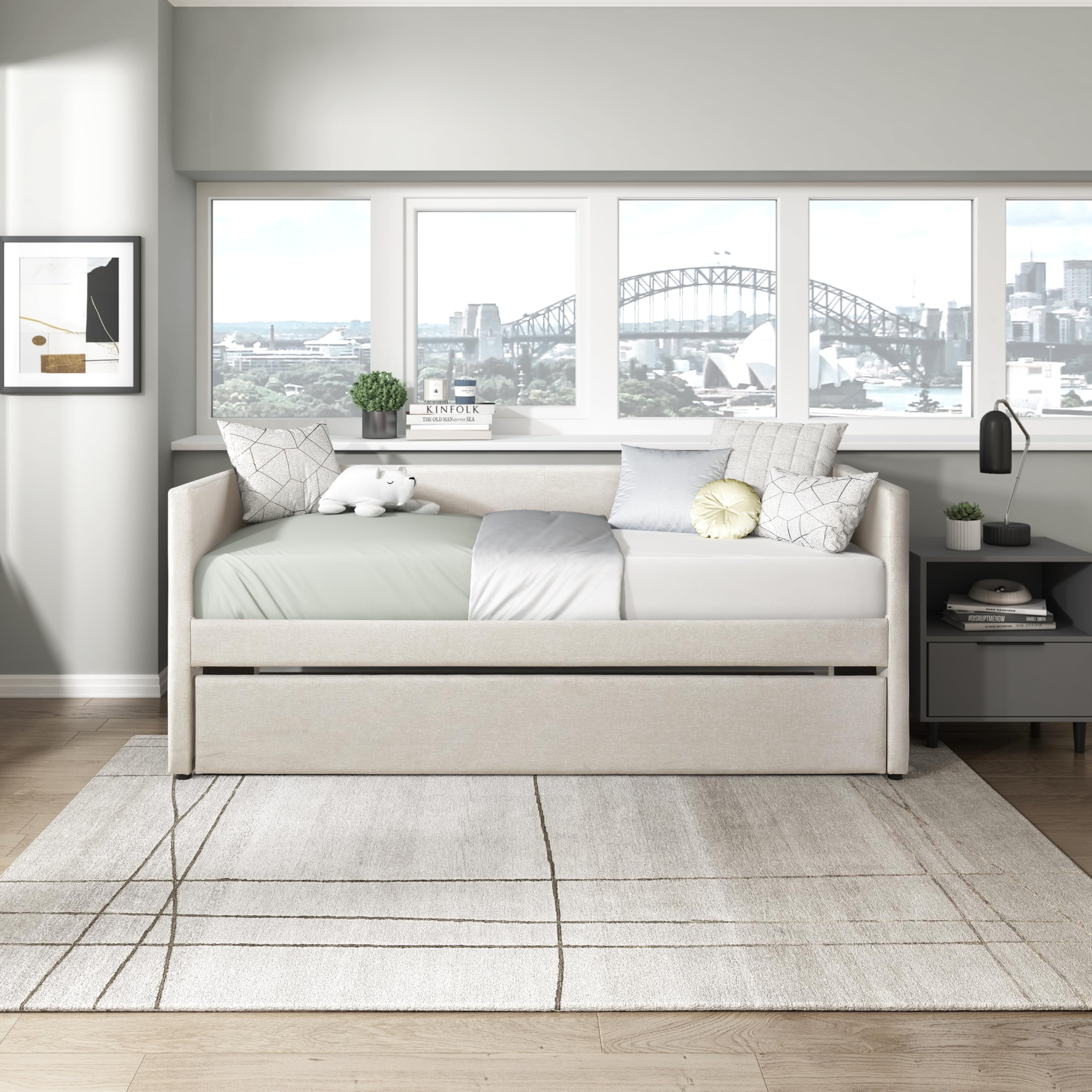 Upholstered Twin Daybed with Trundle – Beige Sofa Bed with Wood Slats for Bedroom, Guest Room, No Box Spring Needed