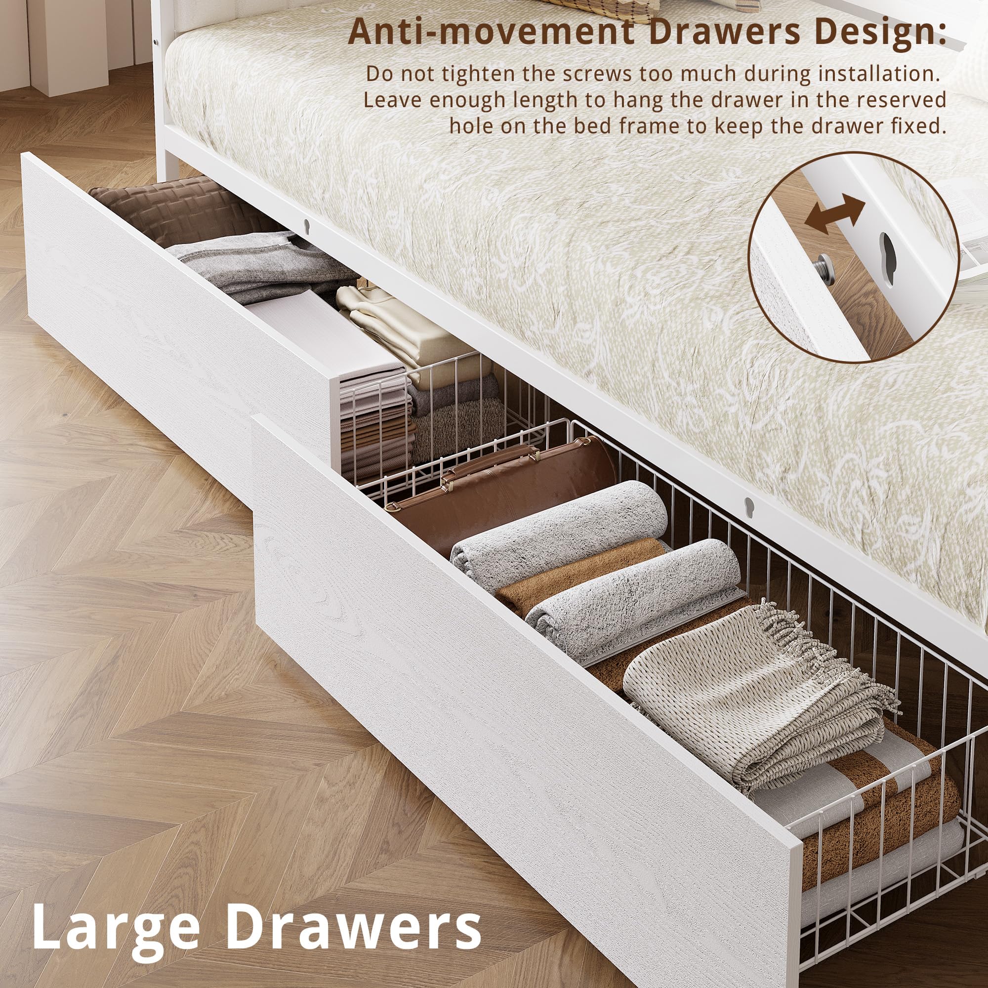 White/Walnut Twin Daybed – Upholstered Daybed with Storage Drawers, Metal Frame, Charging Station, Farmhouse Style