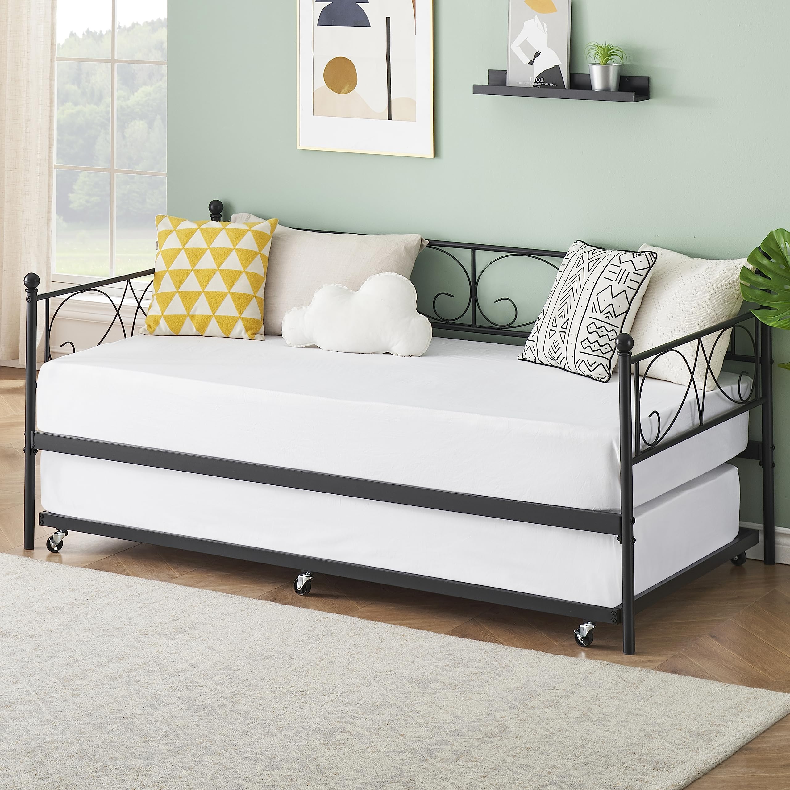 Twin Daybed with Trundle – Black Metal Frame Sofa Bed with Heavy Duty Slats for Living Room or Guest Room