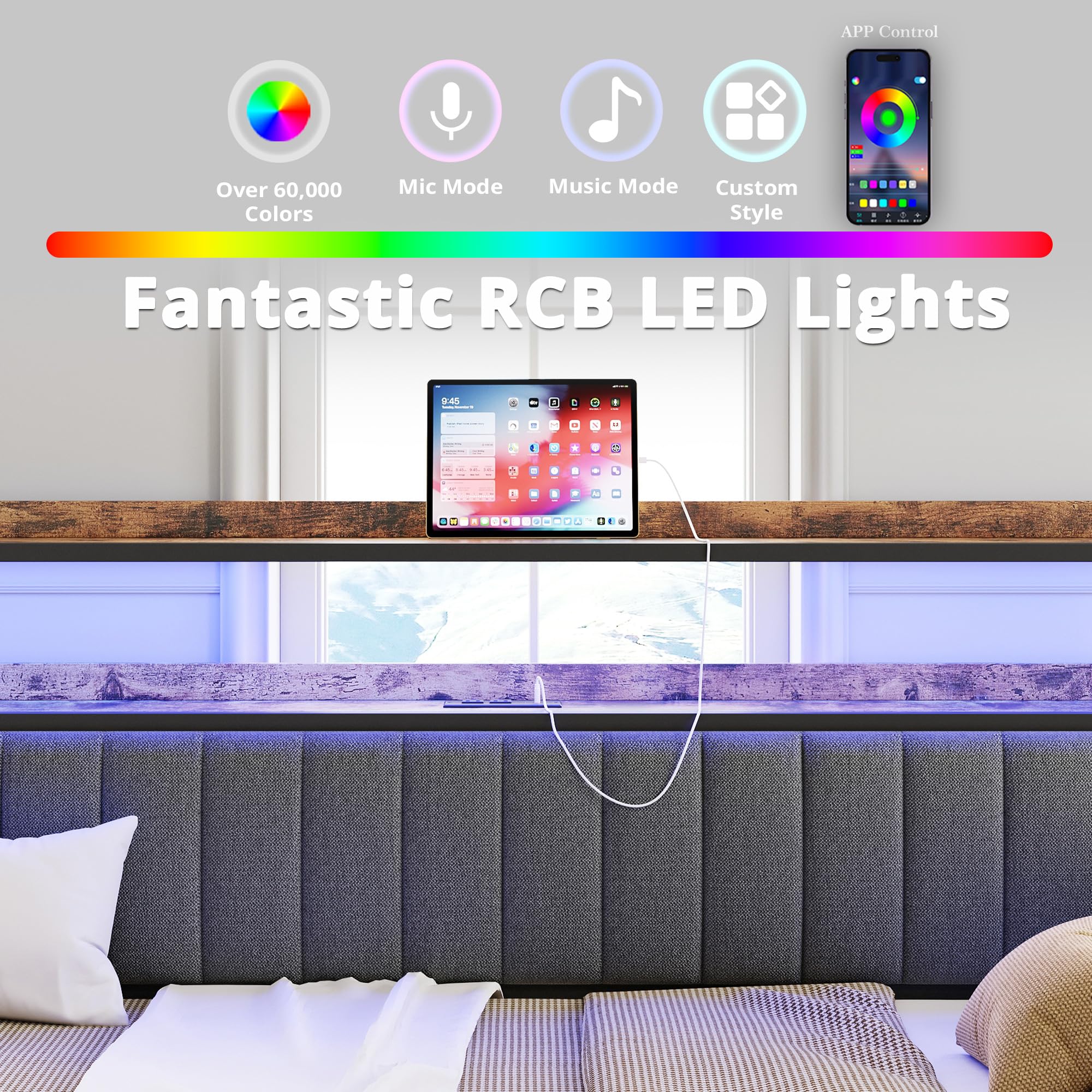 Twin Daybed with Trundle – Upholstered Frame with LED Lights, Charging Station & Storage Shelves, Black Metal
