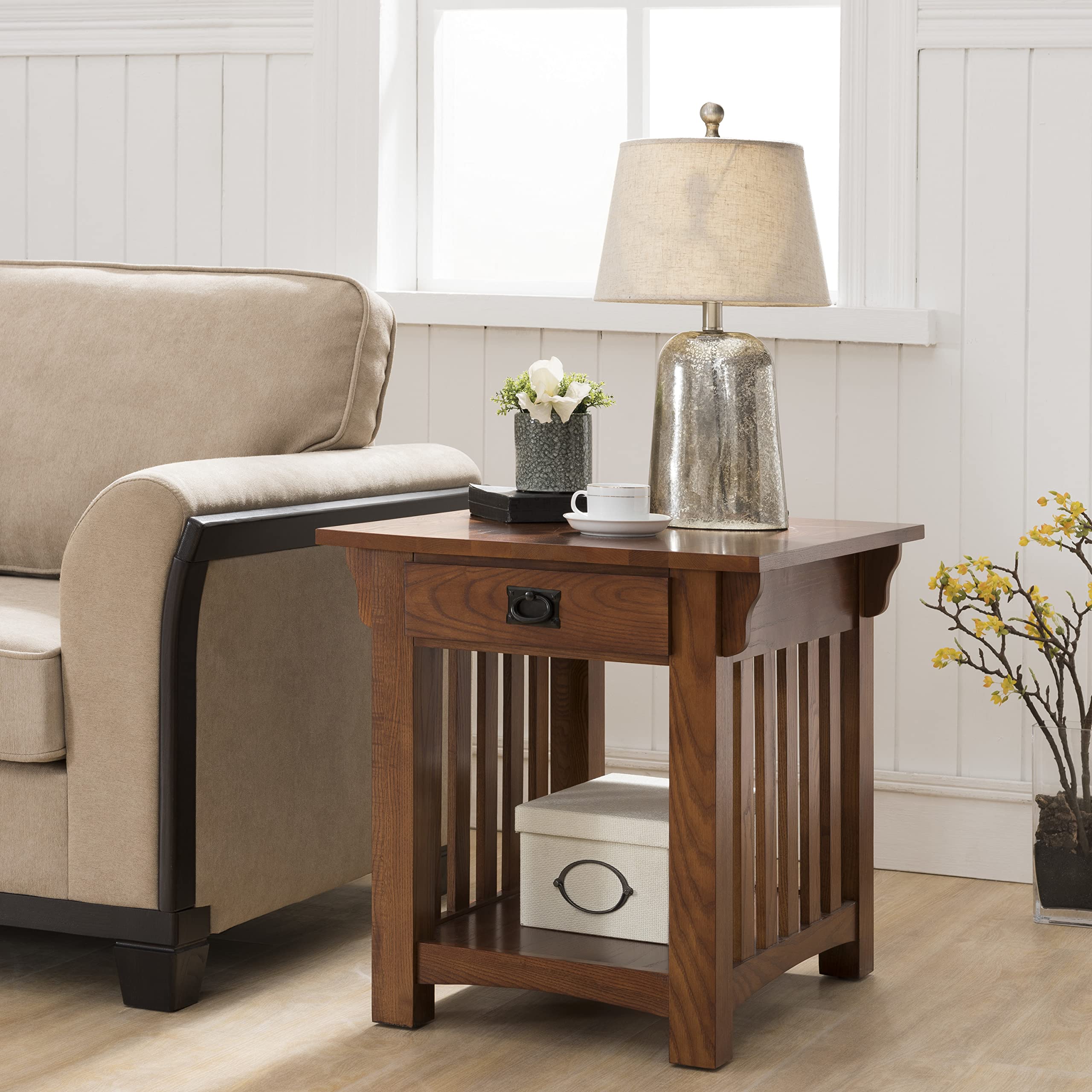 FURNIXI Mission Solid Wood End Table with Drawer & Shelf, Medium Oak Living Room Table with Slatted Sides