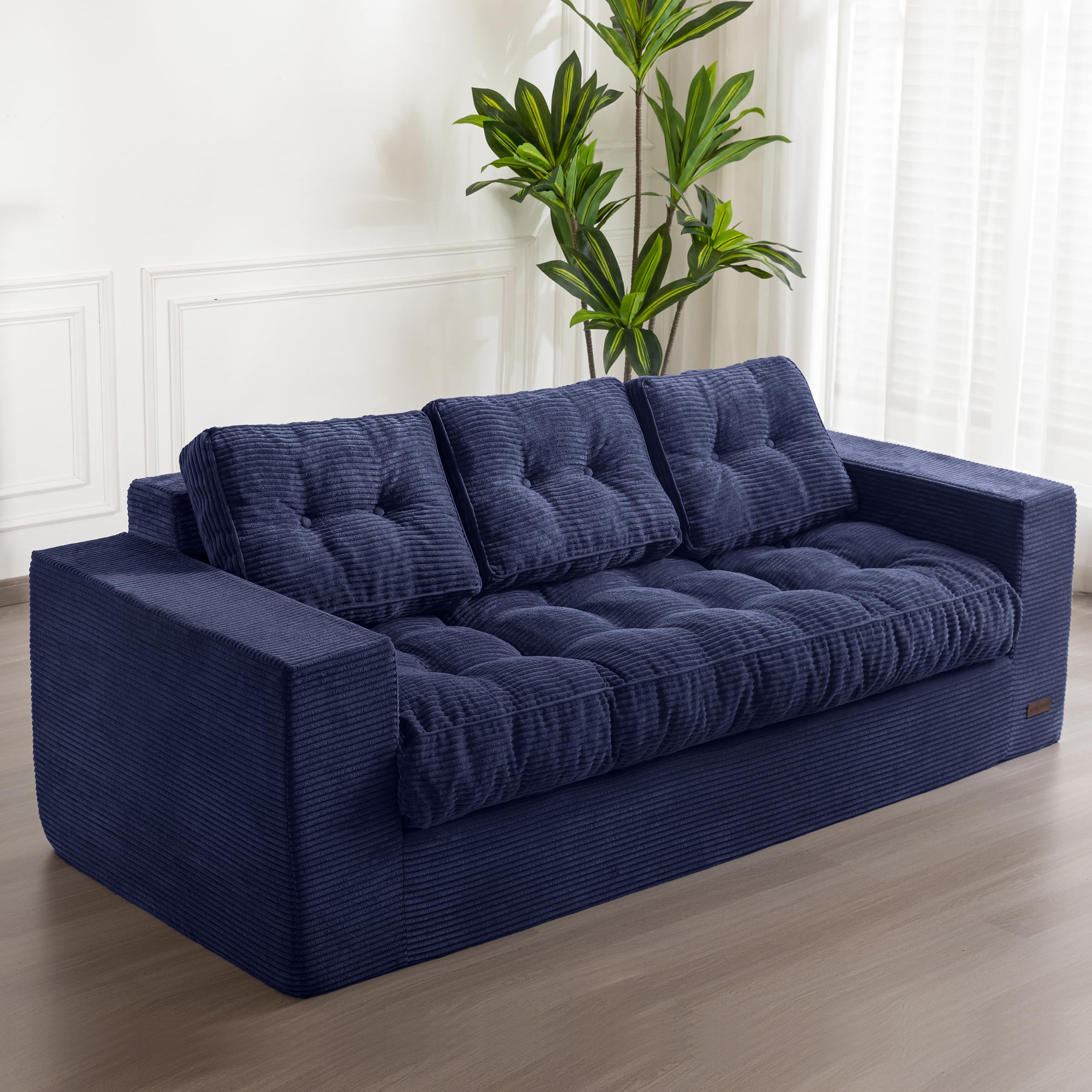 3-Seater Navy Sofa with Tufted Cushions & Armrests, Upholstered Floor Couch, Sofa-in-a-Box, No Assembly Needed