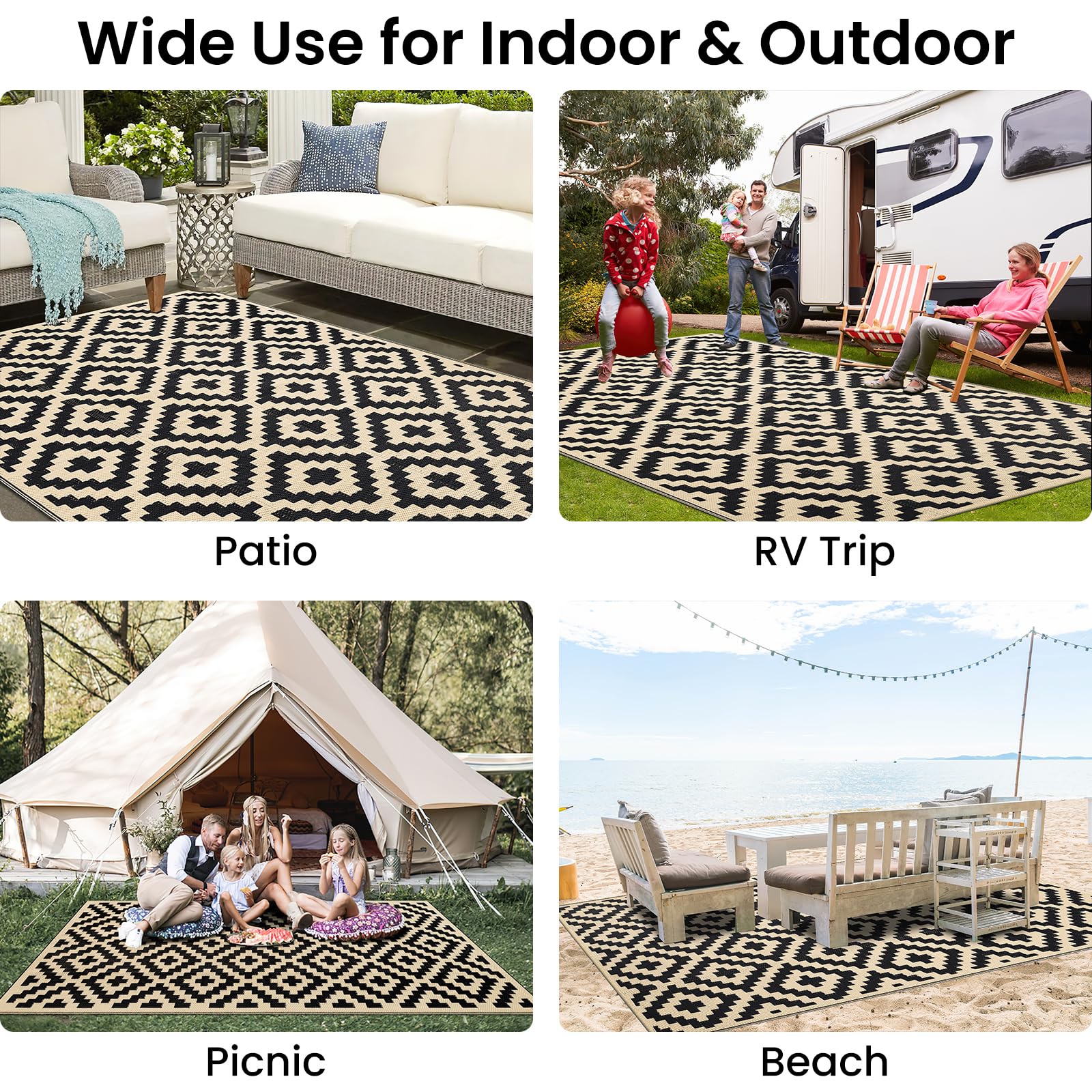 5x8 ft Reversible Outdoor Rug – Waterproof Plastic Straw Mat for Patio, Camping, RV, Deck, Entryway, Black & Beige