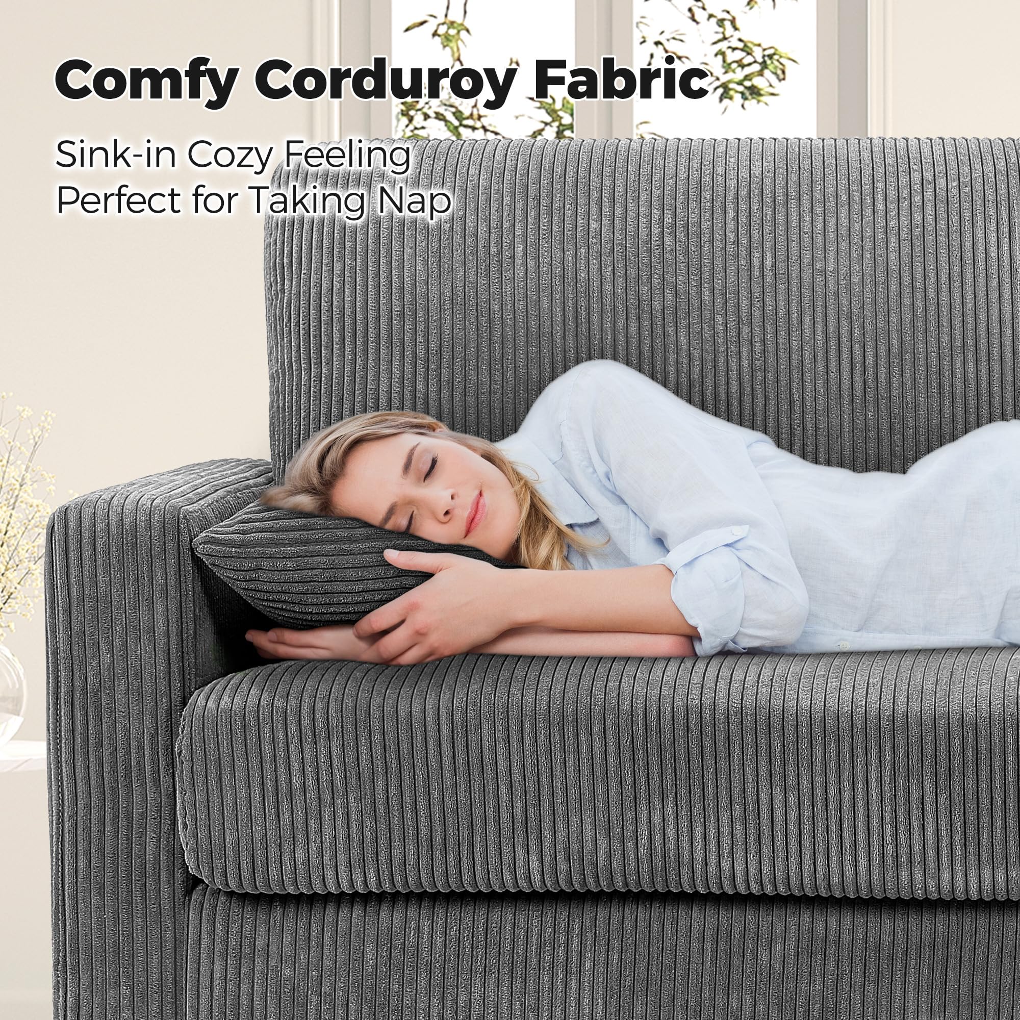 70in Grey Sofa with 21in Deep Seats, Tool-Free Comfy Corduroy Loveseat with Pillows for Bedroom, Living Room, Apartment