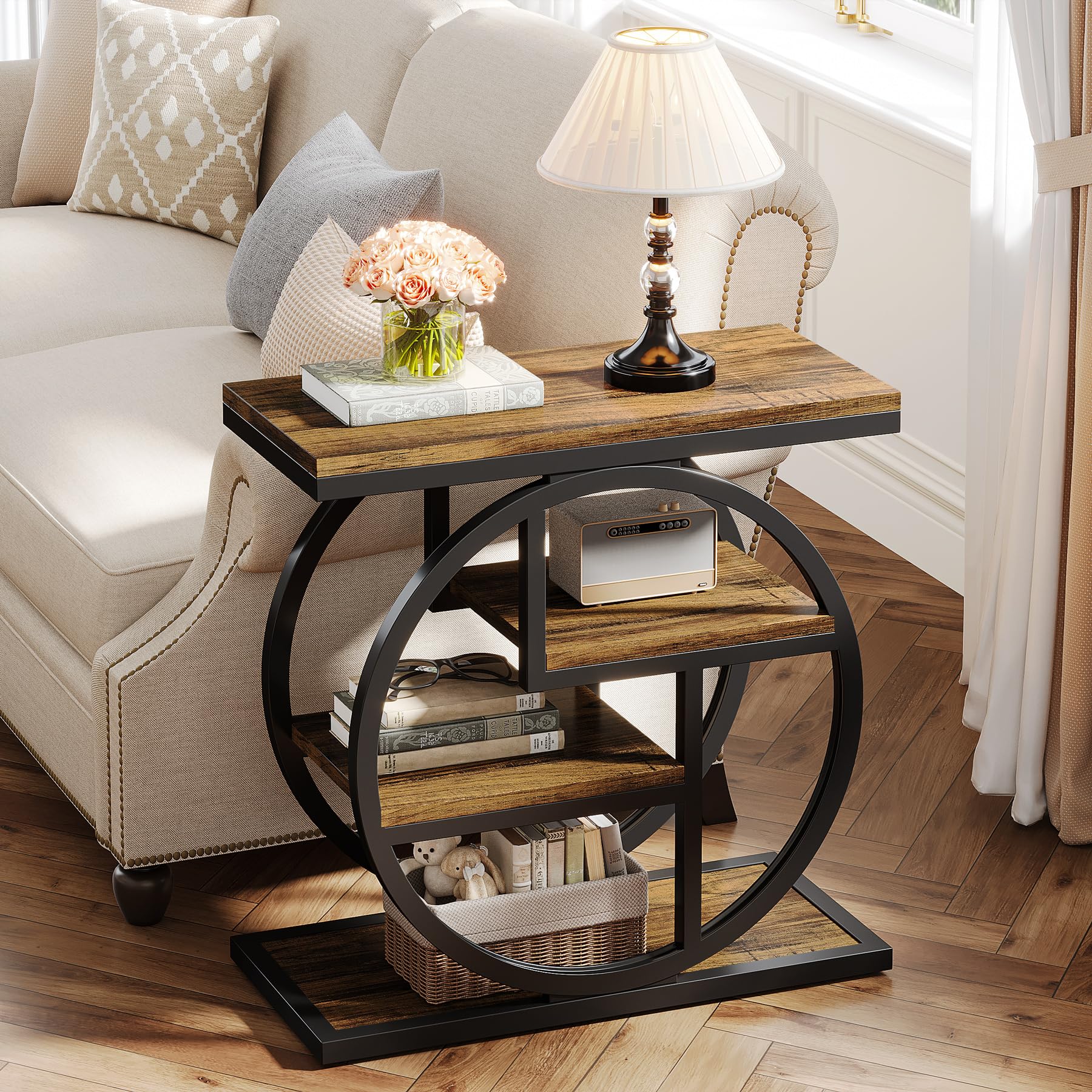 FURNIXI Rustic Brown End Table Set of 2, 4-Tier Narrow Side Tables with Storage & Geometric Metal Frame