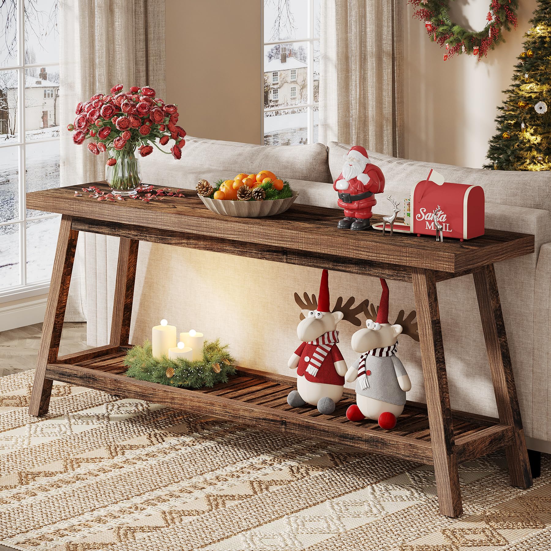 70.86" Farmhouse Console Table, 2-Tier Extra Long Entryway Sofa Table Behind Couch for Hallway, Rustic Brown