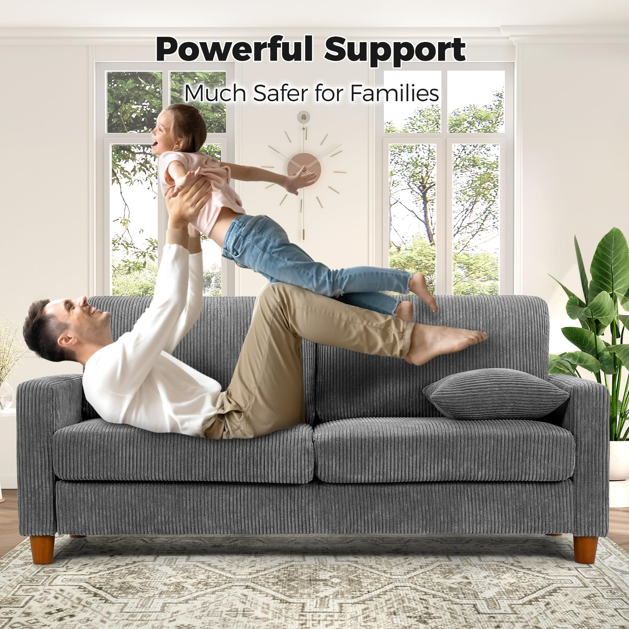 70in Grey Sofa with 21in Deep Seats, Tool-Free Comfy Corduroy Loveseat with Pillows for Bedroom, Living Room, Apartment
