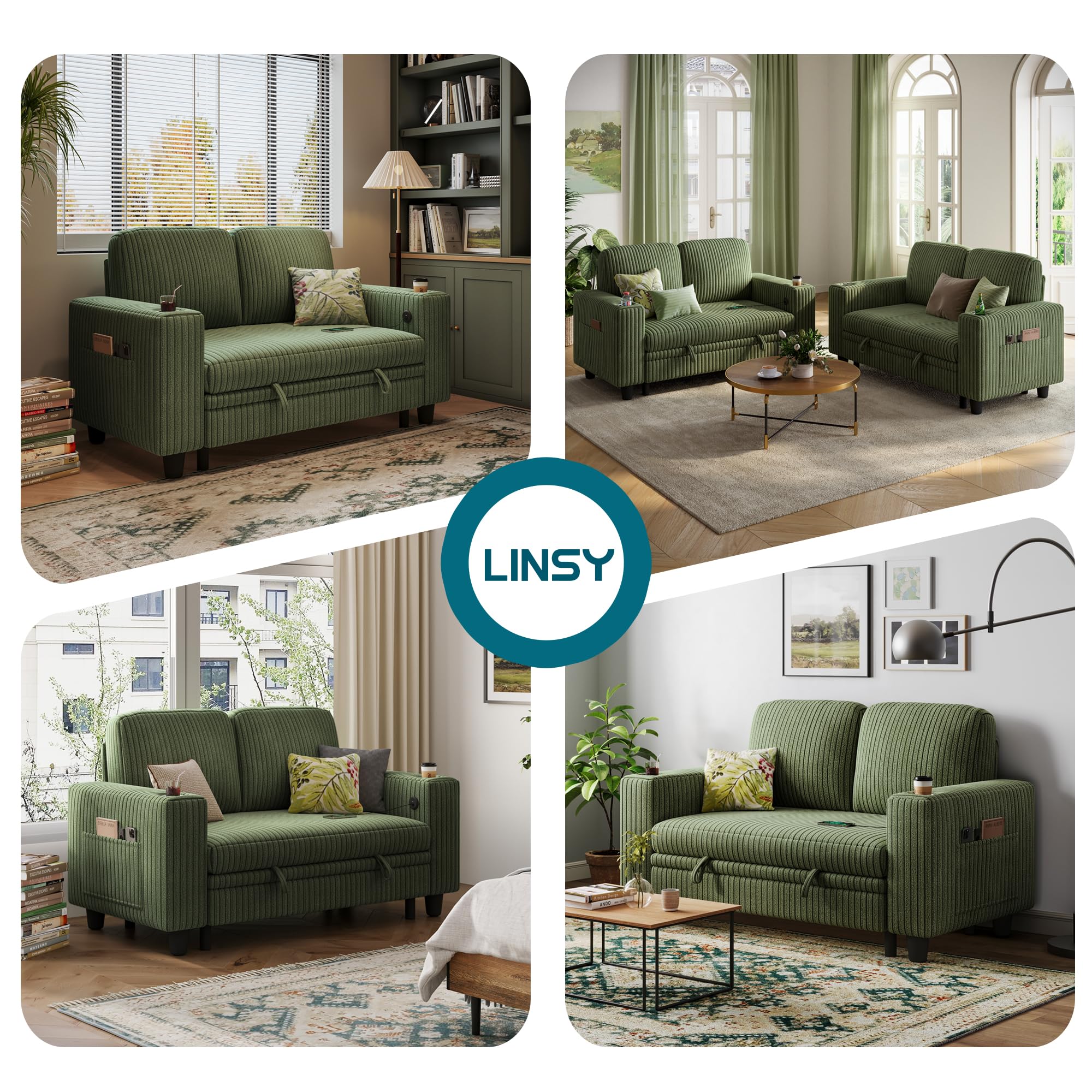 Pull Out Loveseat Sofa – Green Convertible Couch Chaise with USB Ports & Cup Holders, Plush Corduroy Sofa for Small Spaces