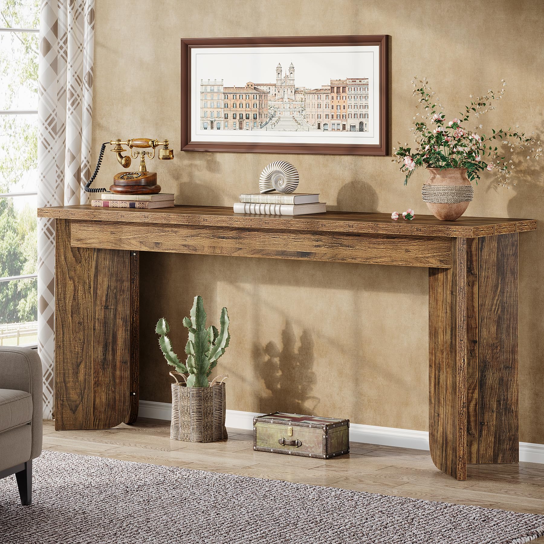 70.9" Extra Long Wooden Console Table, Farmhouse Sofa Table with Wide Top & Double Pedestal for Living Room, Hallway