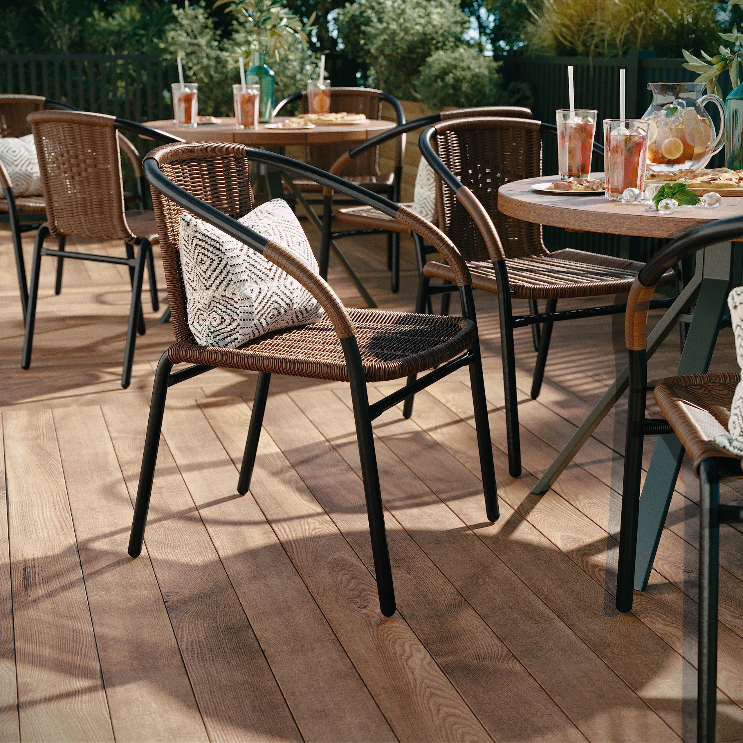 FURNIXI Set of 4 Stackable Rattan Bistro Chairs, Modern Brown Indoor/Outdoor Patio Dining Chairs for Restaurant