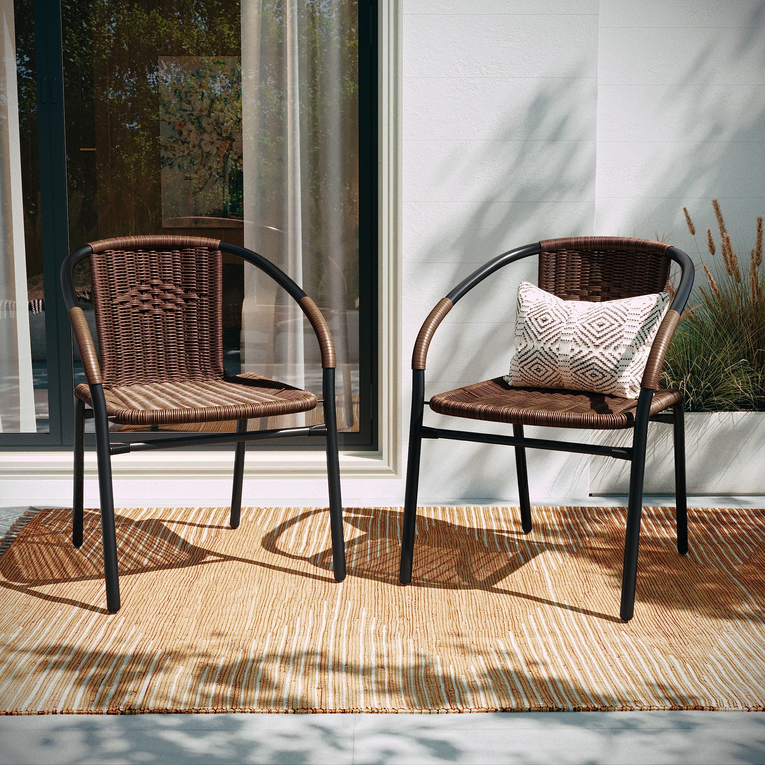 FURNIXI Set of 4 Stackable Rattan Bistro Chairs, Modern Brown Indoor/Outdoor Patio Dining Chairs for Restaurant