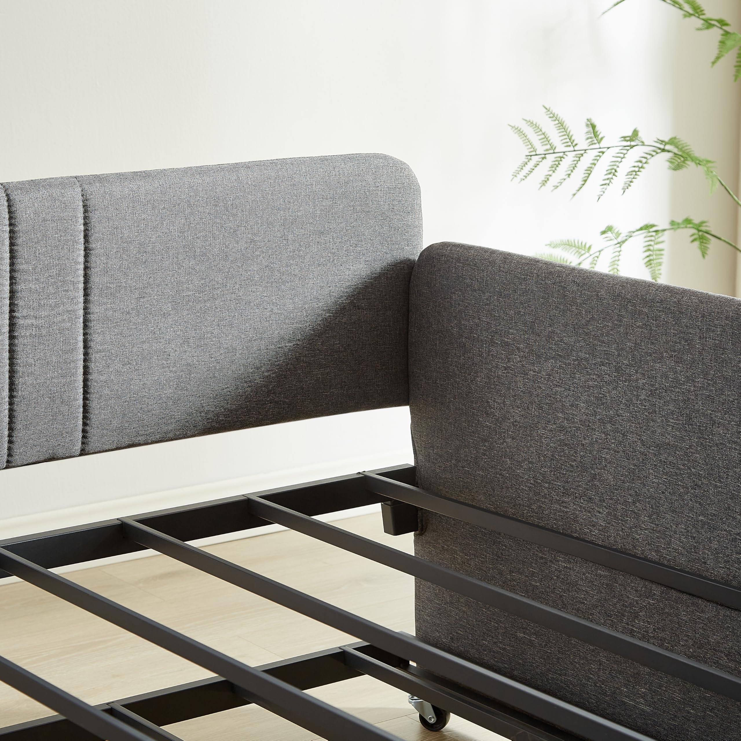 Twin Daybed with Trundle – Grey Linen Upholstered Frame with Armrest, Twin Size Day Bed with No Box Spring Needed