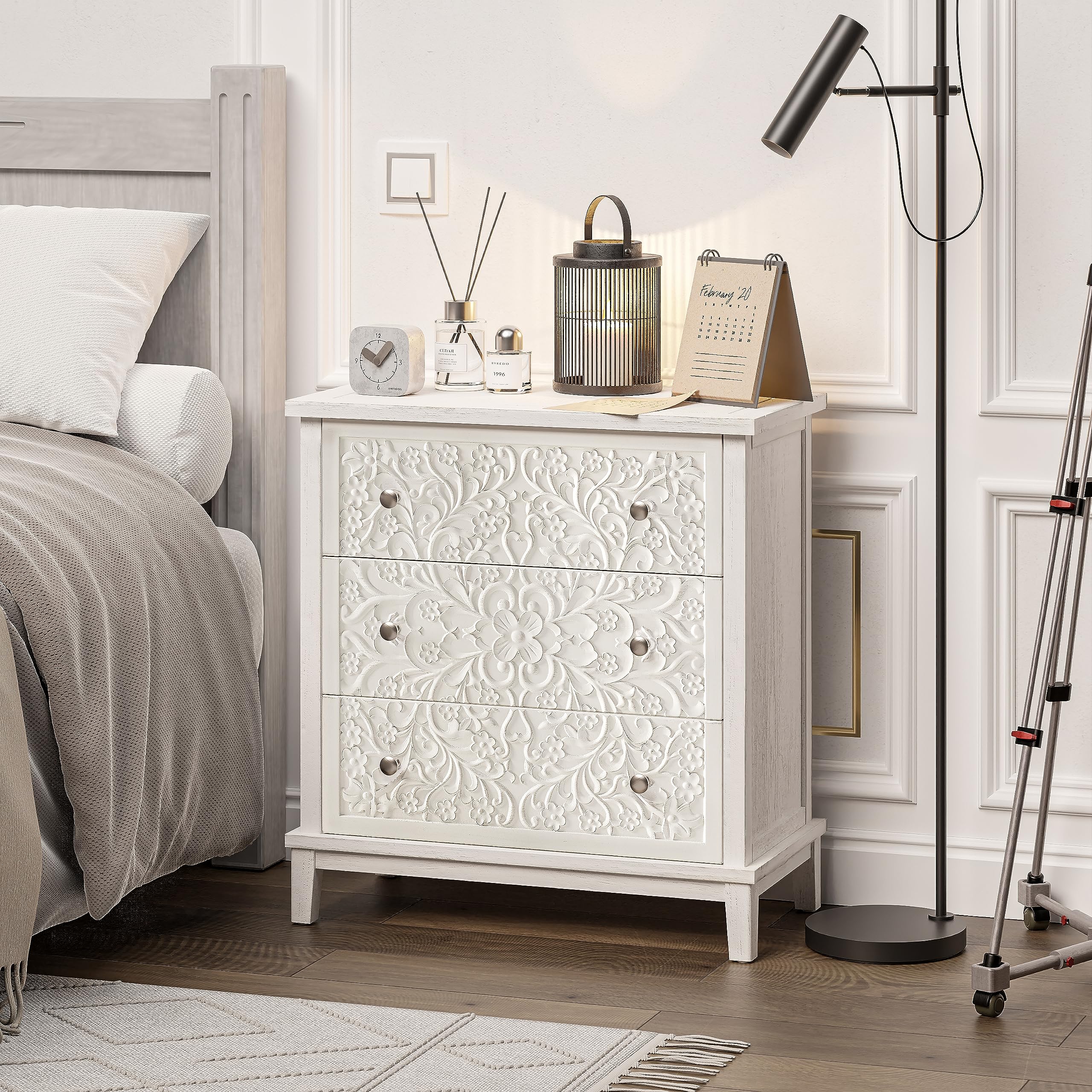Fully-Assembled 3-Drawer White-Washed Dresser with Flower Motif, Rustic French Country Accent Chest for Bedroom, Hallway