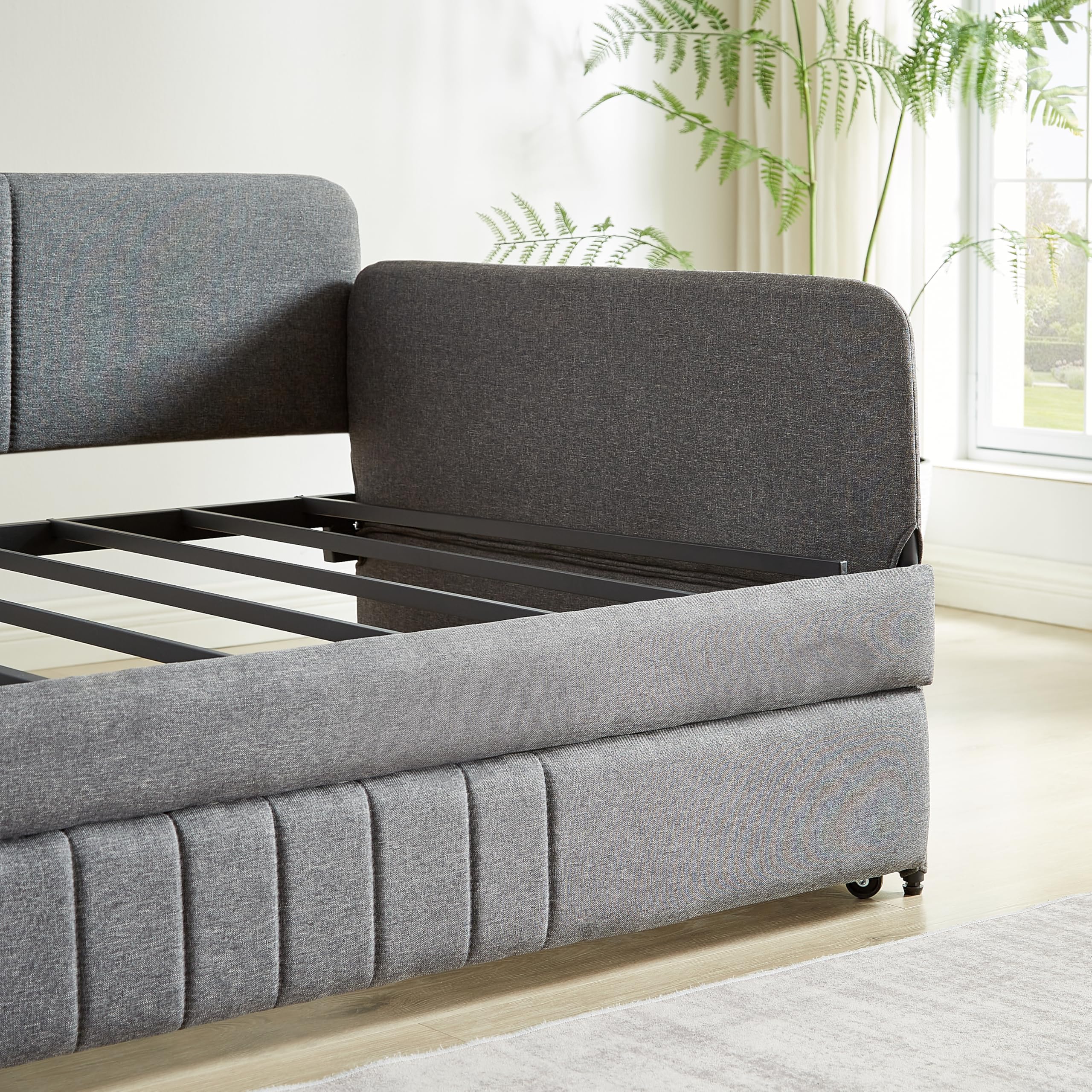 Twin Daybed with Trundle – Grey Linen Upholstered Frame with Armrest, Twin Size Day Bed with No Box Spring Needed