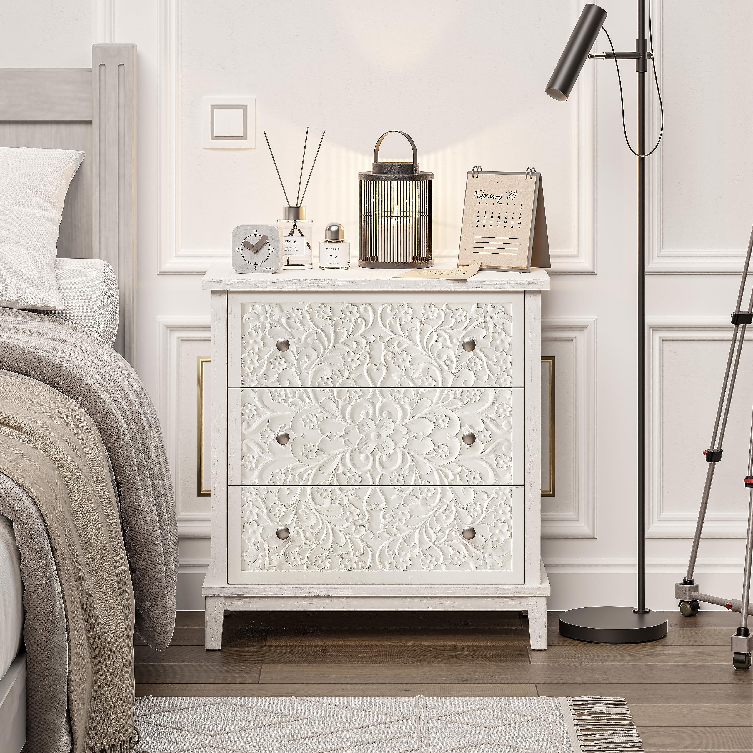 Fully-Assembled 3-Drawer White-Washed Dresser with Flower Motif, Rustic French Country Accent Chest for Bedroom, Hallway