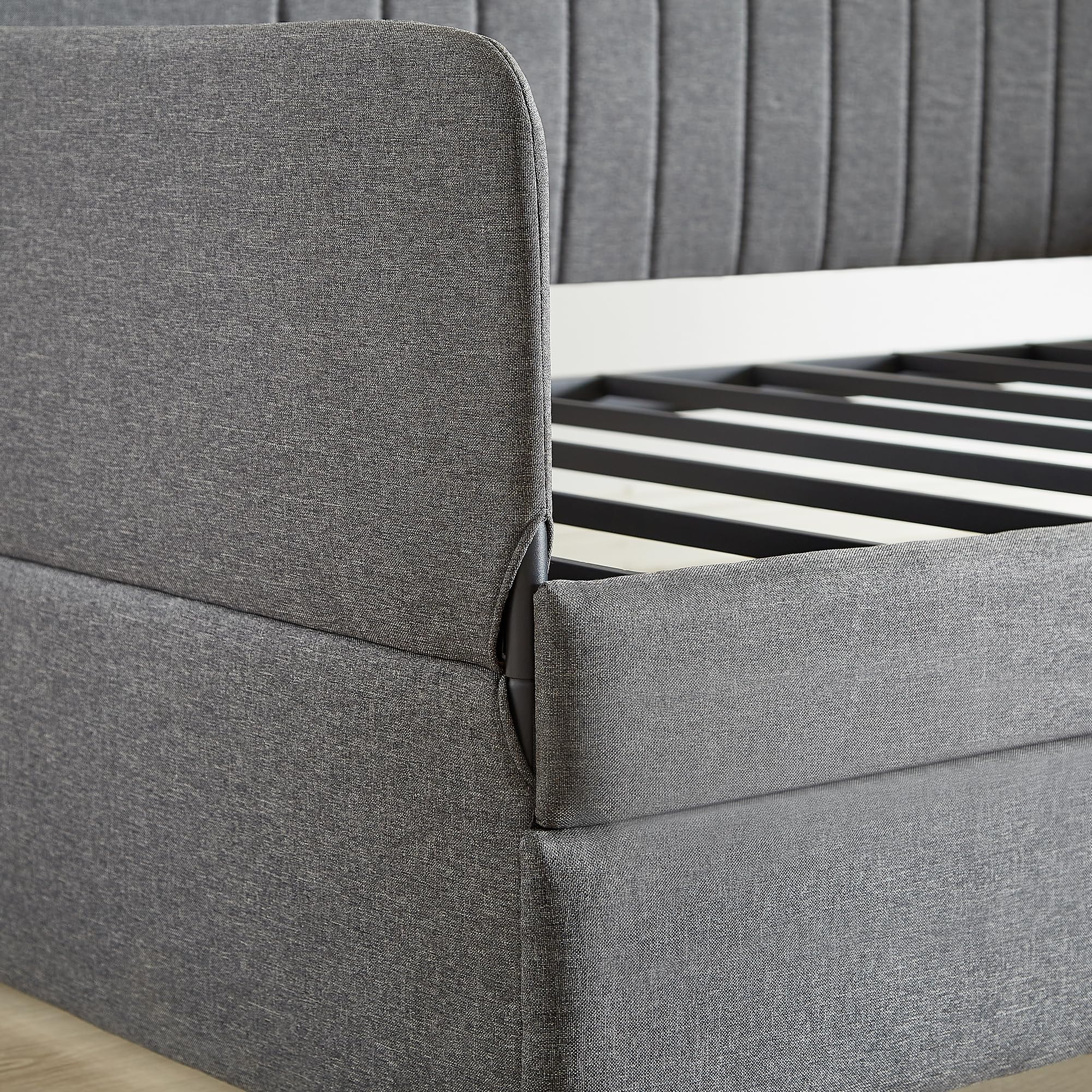 Twin Daybed with Trundle – Grey Linen Upholstered Frame with Armrest, Twin Size Day Bed with No Box Spring Needed