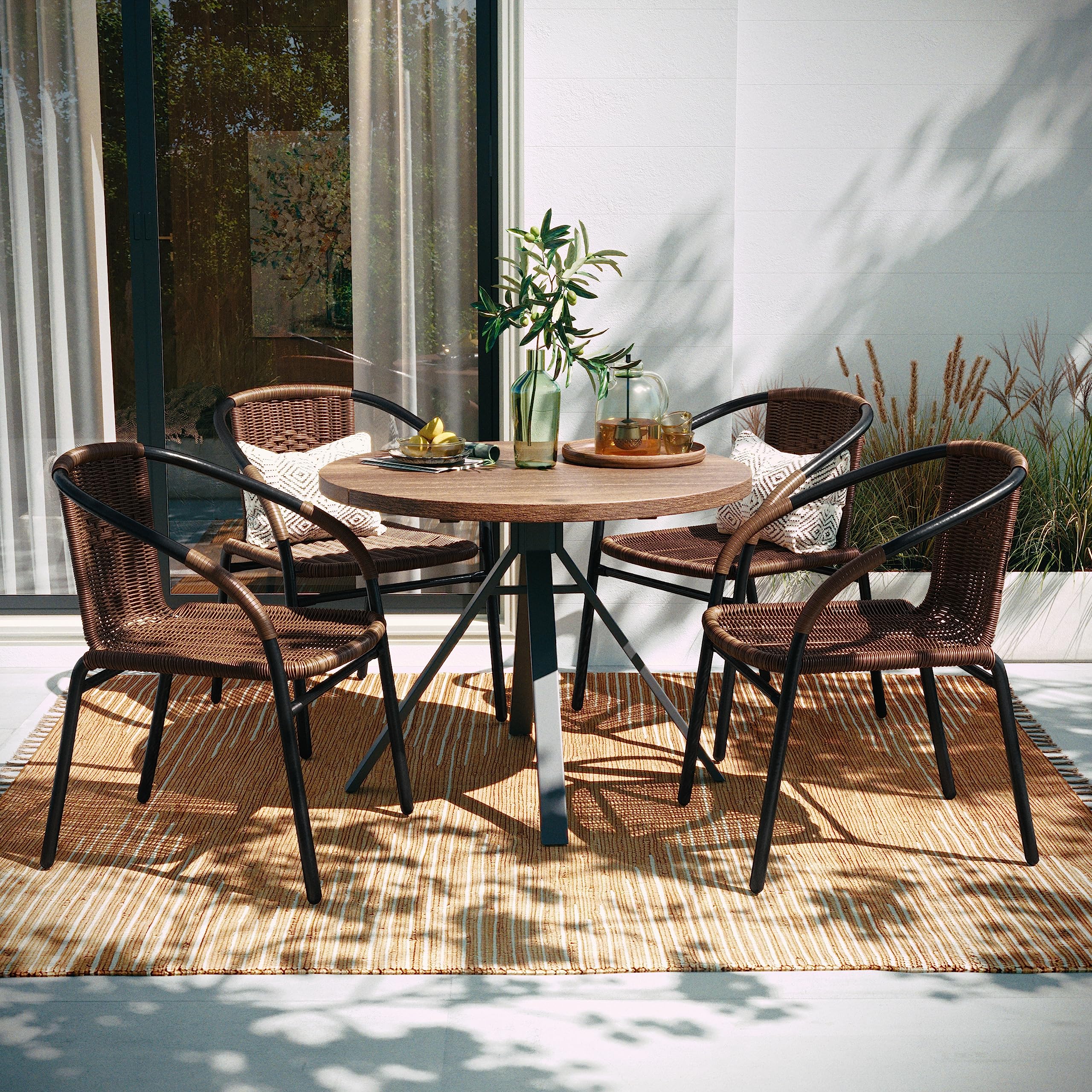 FURNIXI Set of 4 Stackable Rattan Bistro Chairs, Modern Brown Indoor/Outdoor Patio Dining Chairs for Restaurant