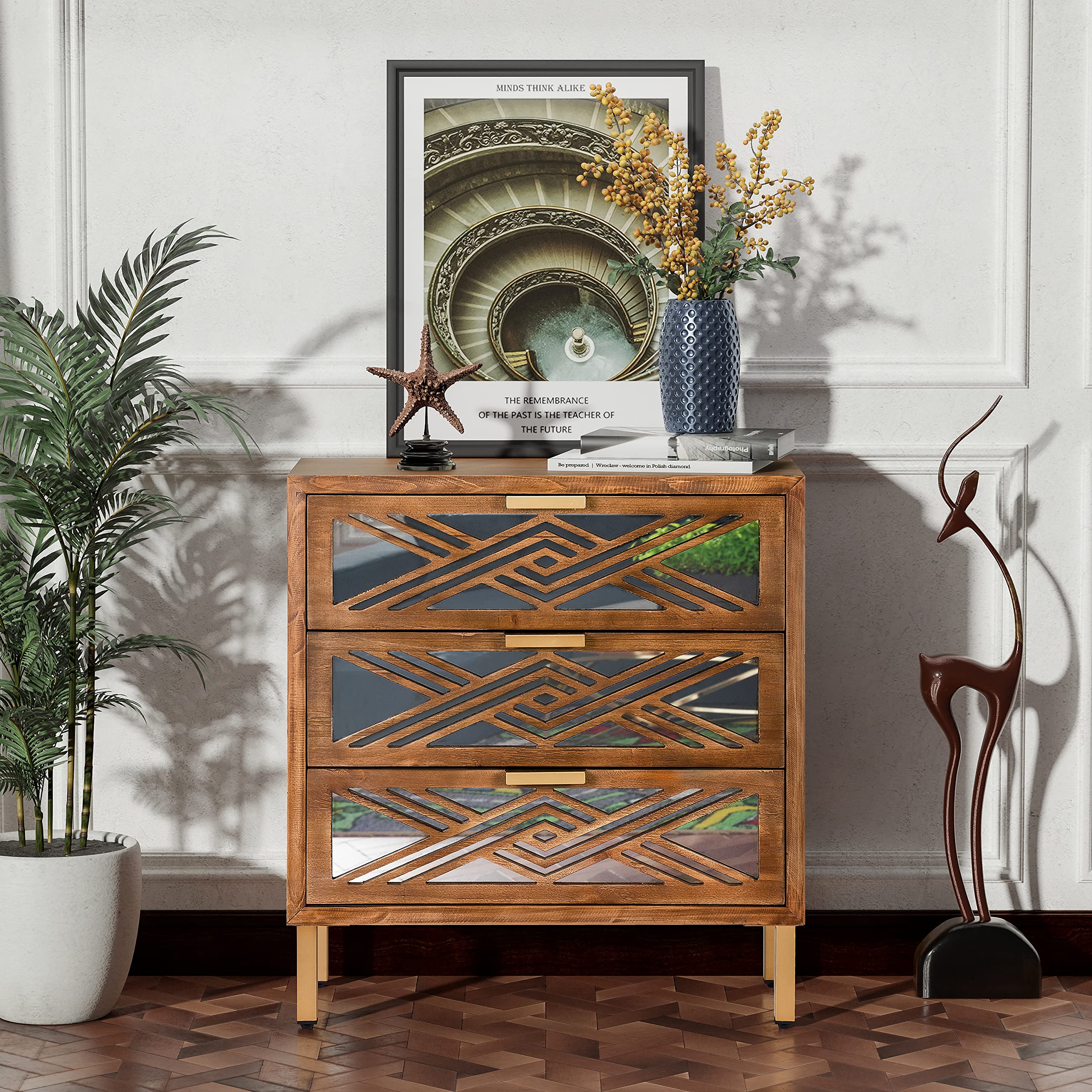 Modern Farmhouse 3-Drawer Accent Chest with Mirror Fronts, Clean-Line Dresser for Living Room, Bedroom, Entryway