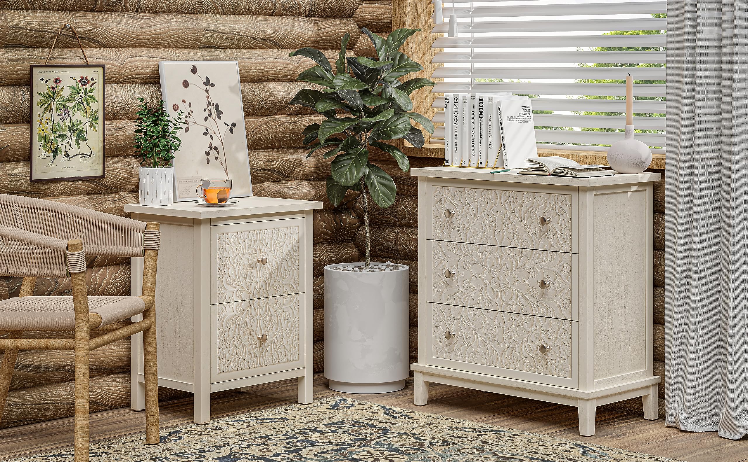 Fully-Assembled 3-Drawer White-Washed Dresser with Flower Motif, Rustic French Country Accent Chest for Bedroom, Hallway