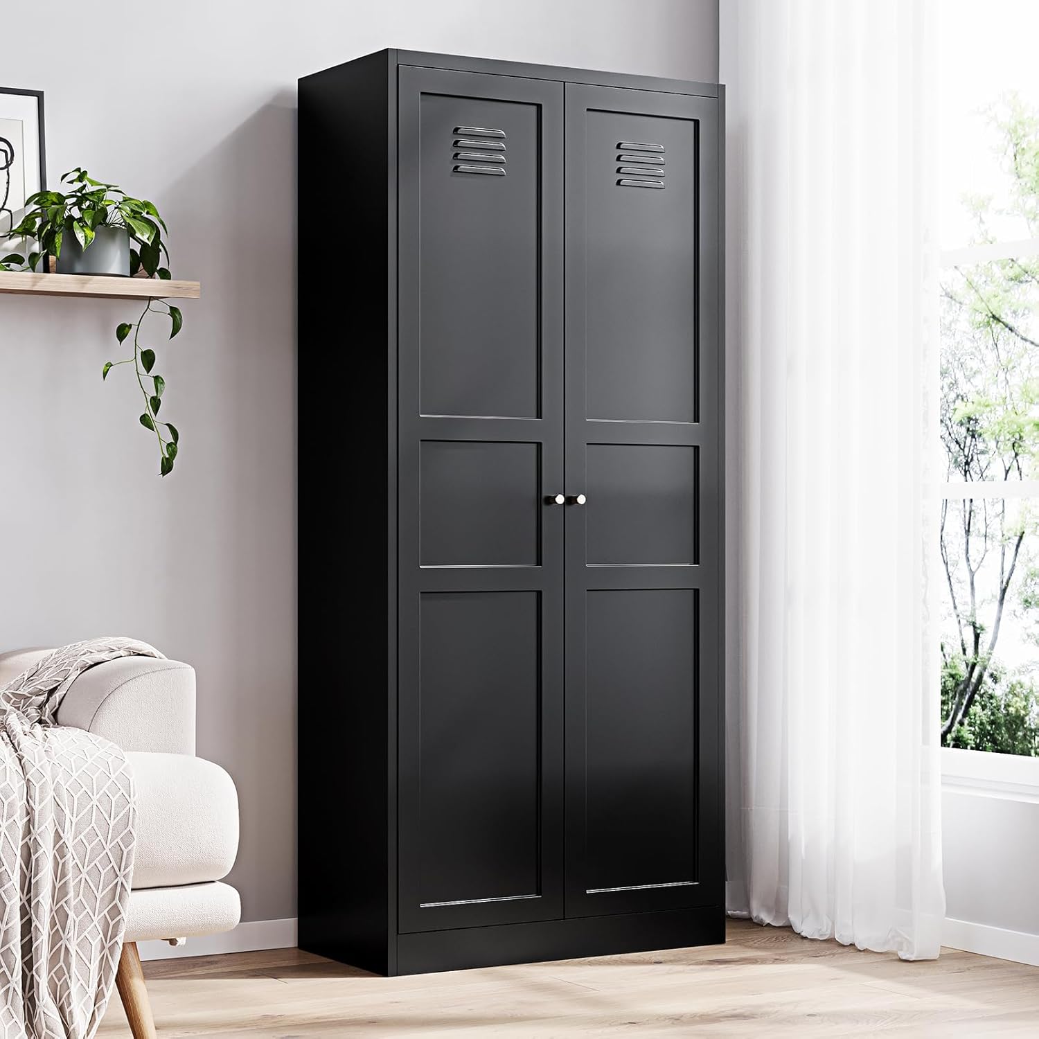 71" Metal Pantry Storage Cabinet – White Steel Locker Cabinet with 2 Doors & 5 Adjustable Shelves for Kitchen or Dining
