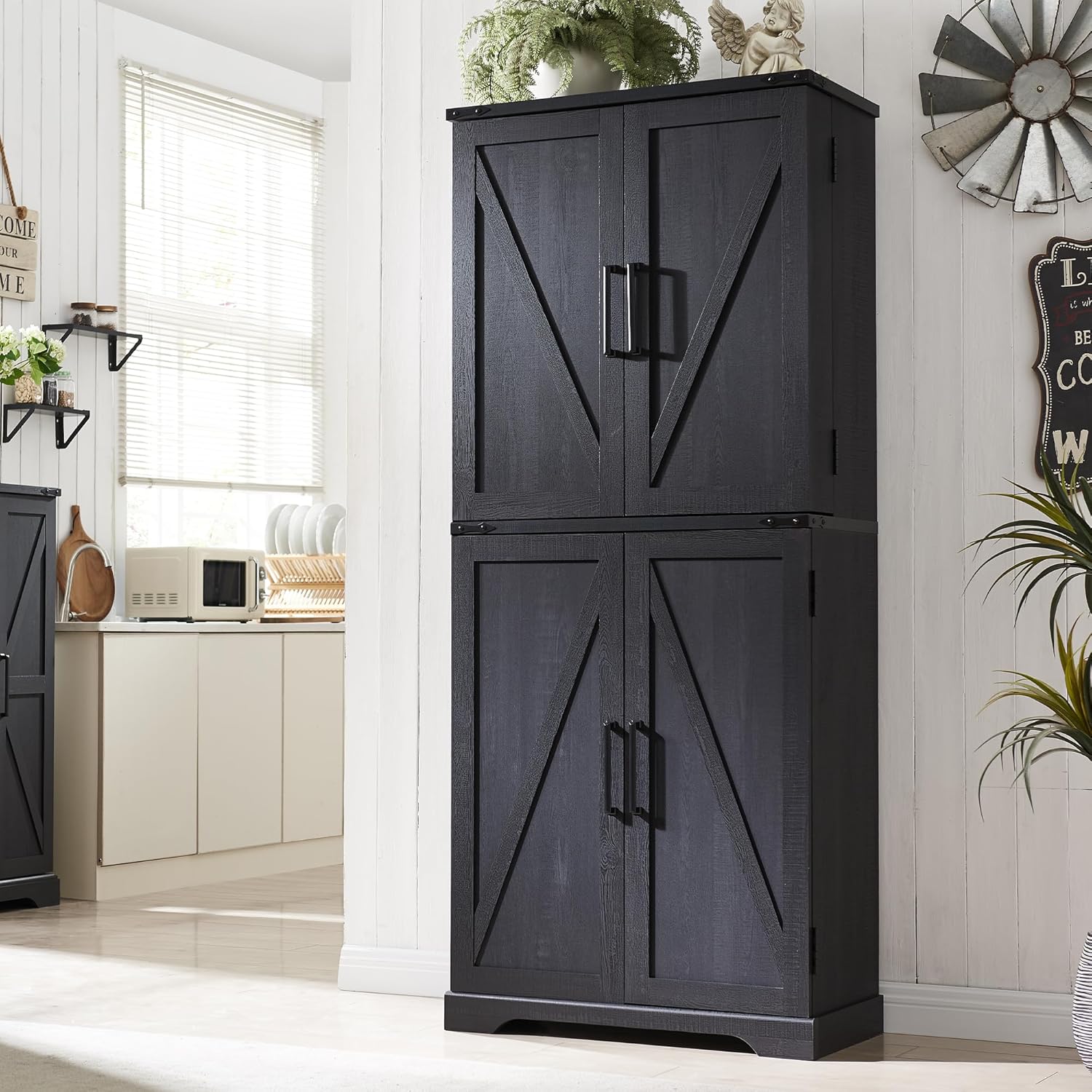 72" Farmhouse Pantry Cabinet – Rustic Blue Kitchen Storage with Barn Doors, Drawer & Adjustable Shelves