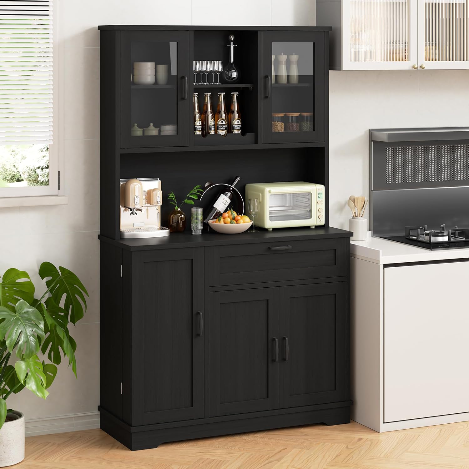 Buffet Pantry Storage Cabinet – White 4-Door Freestanding Cabinet with Microwave Stand, Wine Rack & Adjustable Hutch