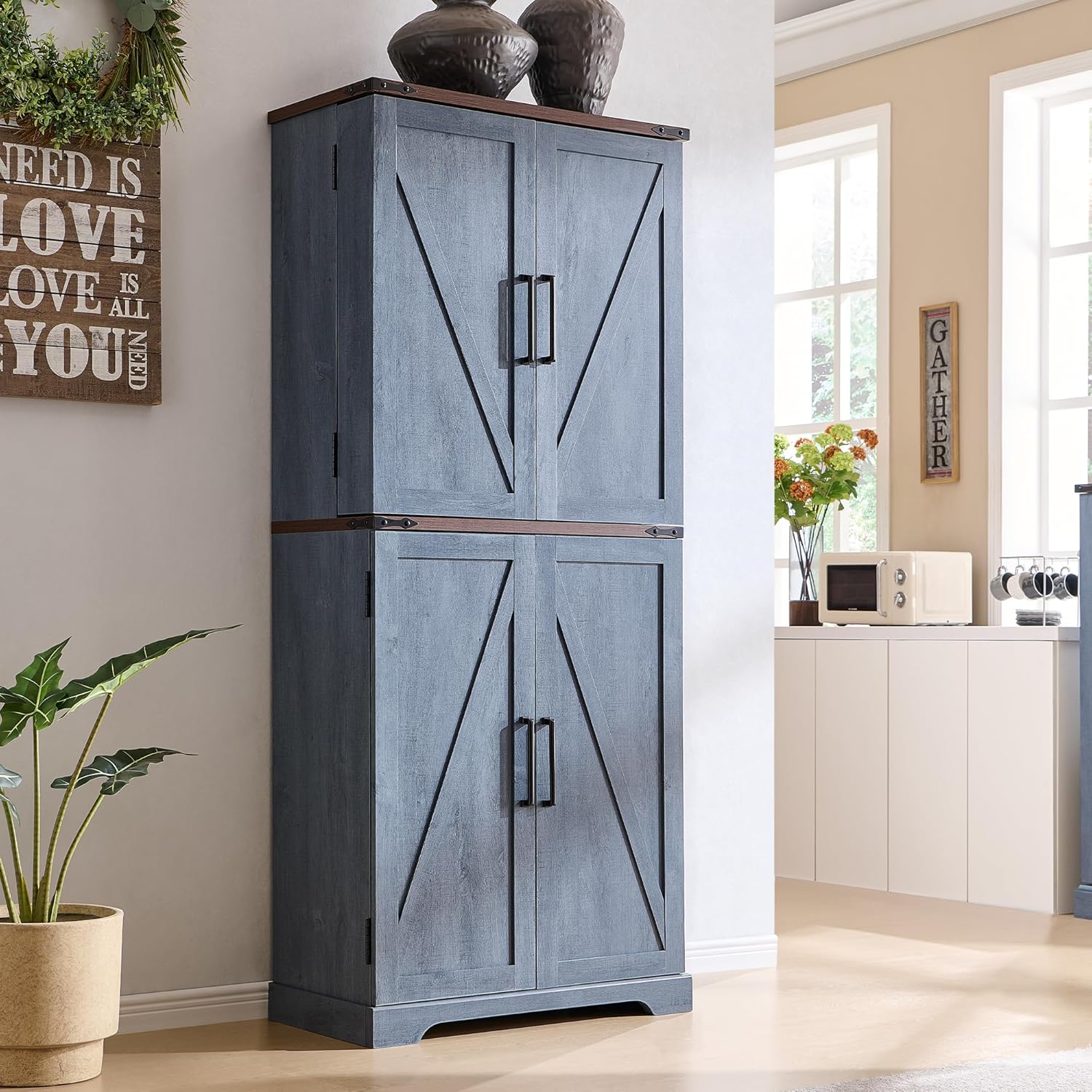 72" Farmhouse Pantry Cabinet – Rustic Blue Kitchen Storage with Barn Doors, Drawer & Adjustable Shelves