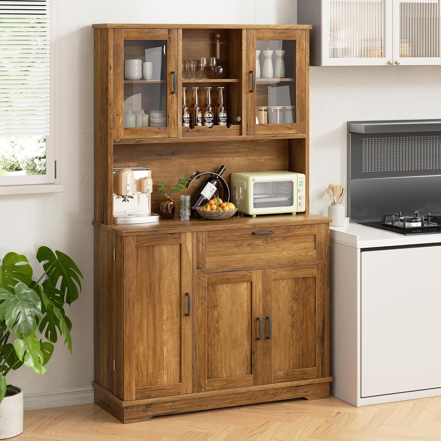Buffet Pantry Storage Cabinet – White 4-Door Freestanding Cabinet with Microwave Stand, Wine Rack & Adjustable Hutch