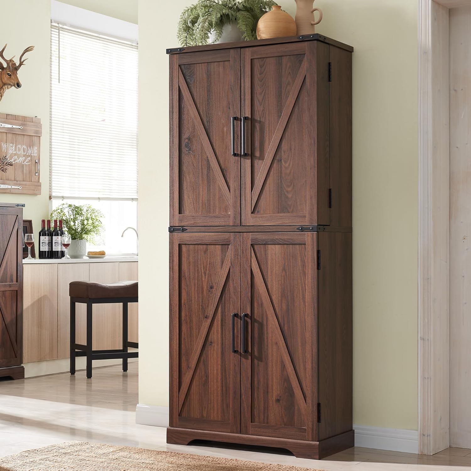 72" Farmhouse Pantry Cabinet – Rustic Blue Kitchen Storage with Barn Doors, Drawer & Adjustable Shelves