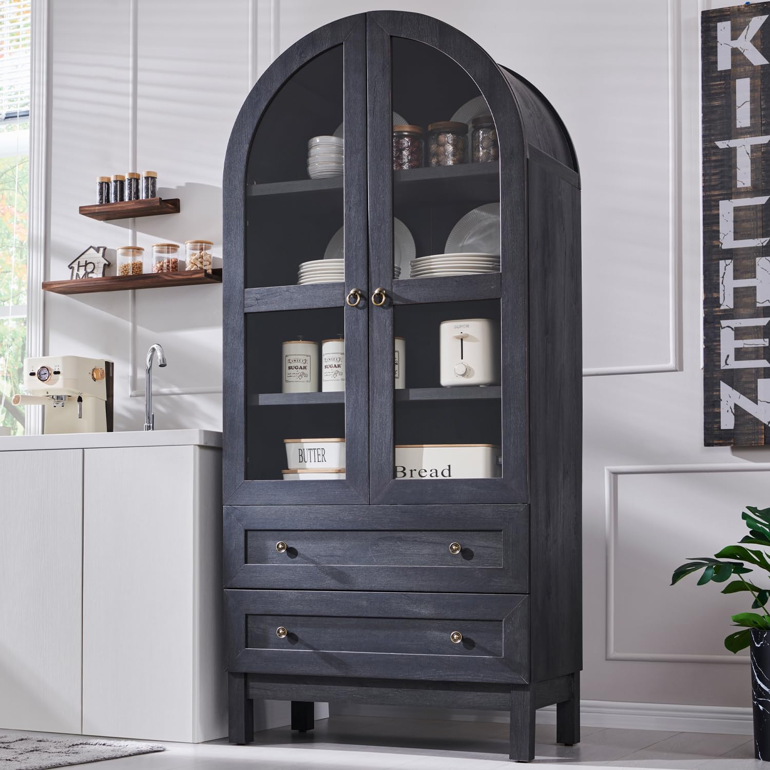 71" Arched Pantry Cabinet – Farmhouse Kitchen Storage with 2 Drawers & Adjustable Shelves, Natural Wood Cupboard