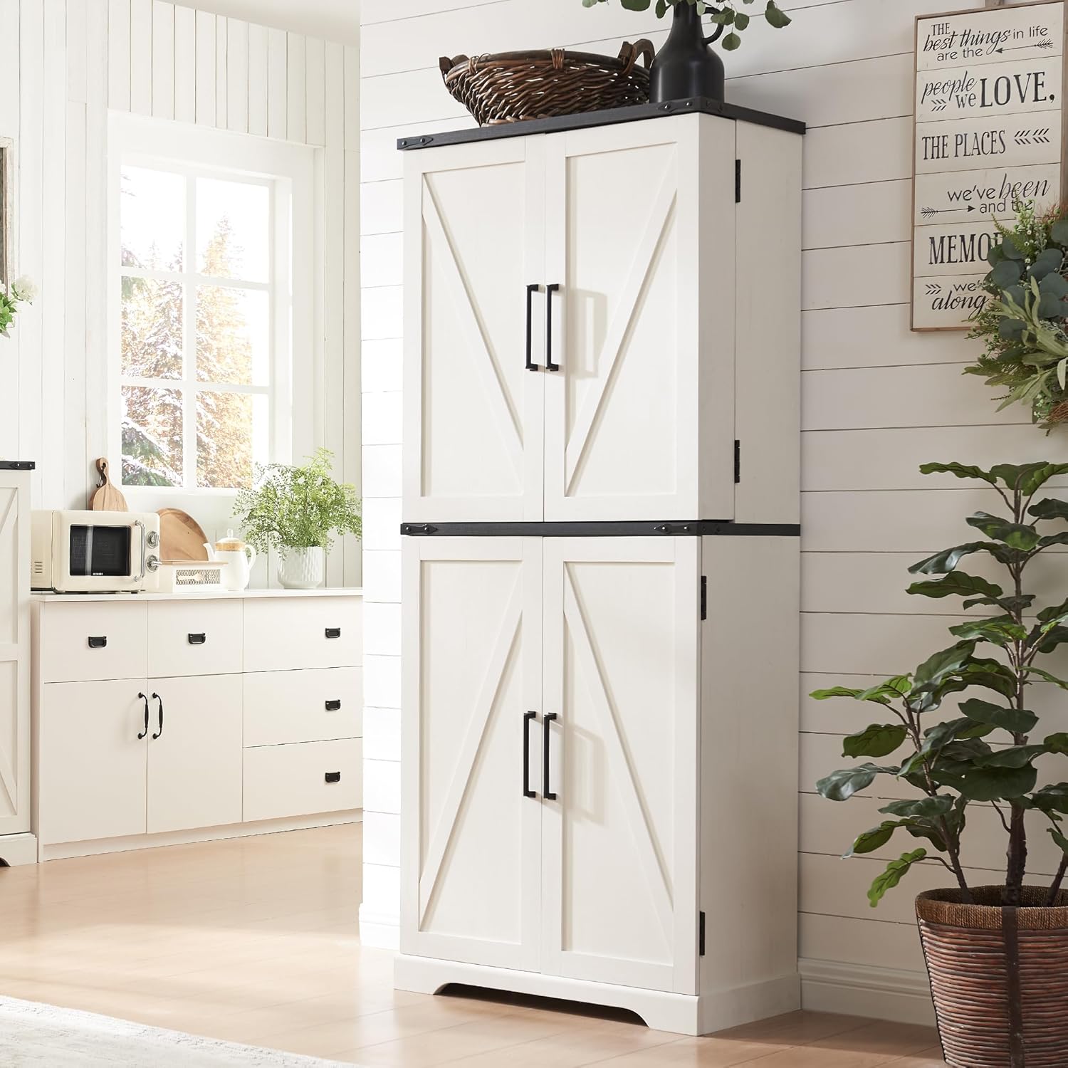 72" Farmhouse Pantry Cabinet – Rustic Blue Kitchen Storage with Barn Doors, Drawer & Adjustable Shelves
