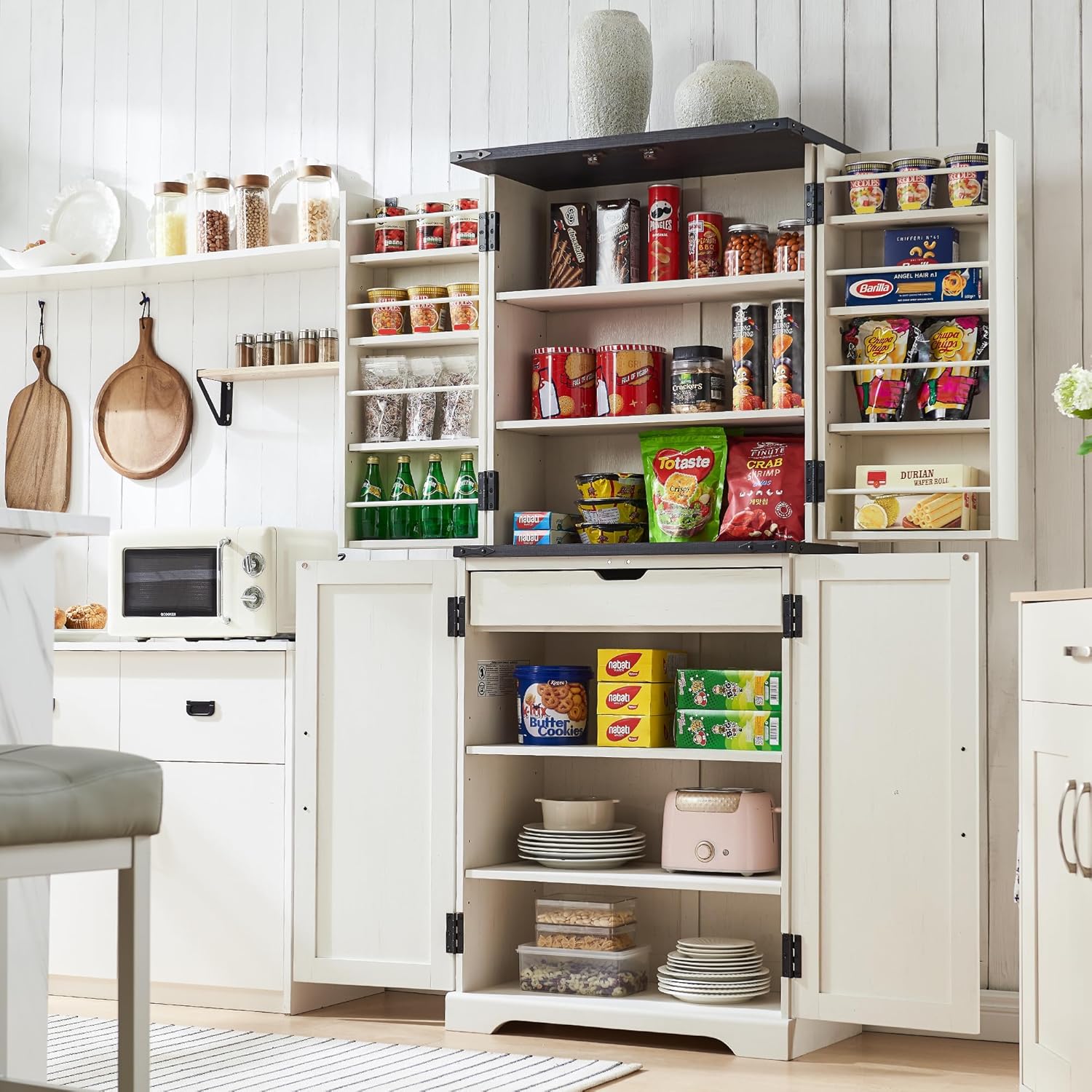 72" Farmhouse Pantry Cabinet – Rustic Blue Kitchen Storage with Barn Doors, Drawer & Adjustable Shelves